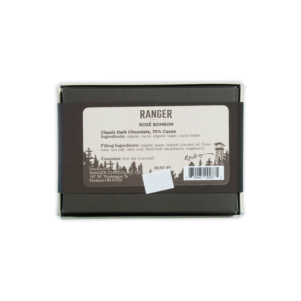 Dark brown rectangular box of ranger rosé bonbon classic dark chocolate 70 percent cacao with six pieces