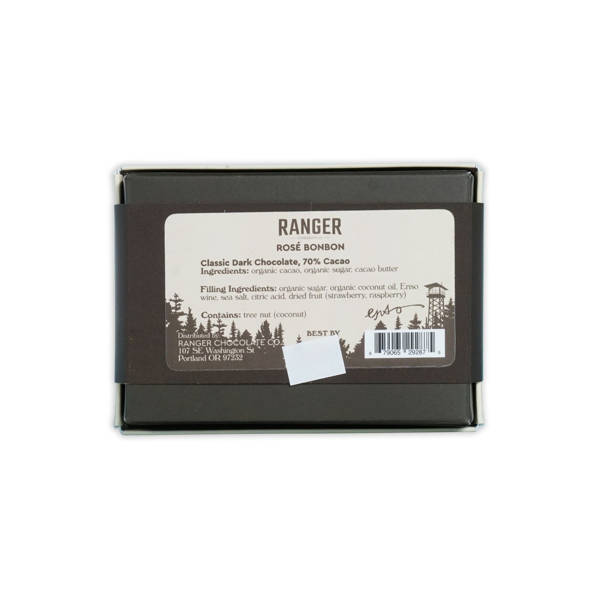 Dark brown rectangular box of ranger rosé bonbon classic dark chocolate 70 percent cacao with six pieces
