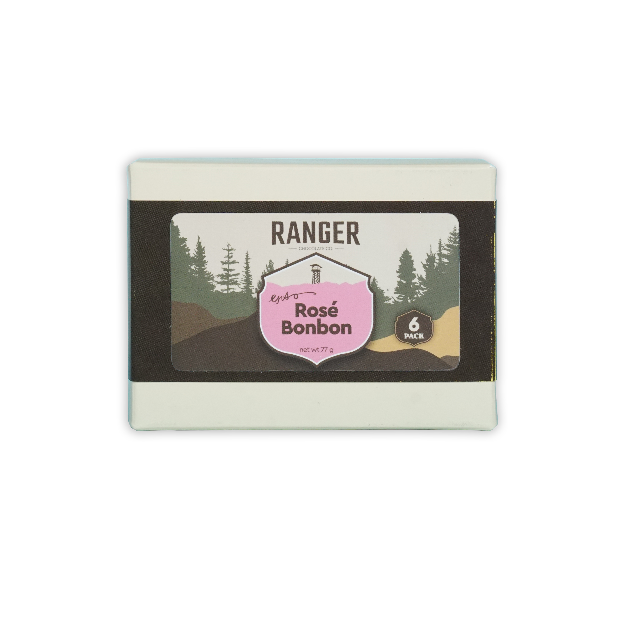 Ranger rosé bonbons box with six pink and brown candies in a white rectangular box featuring forest imagery