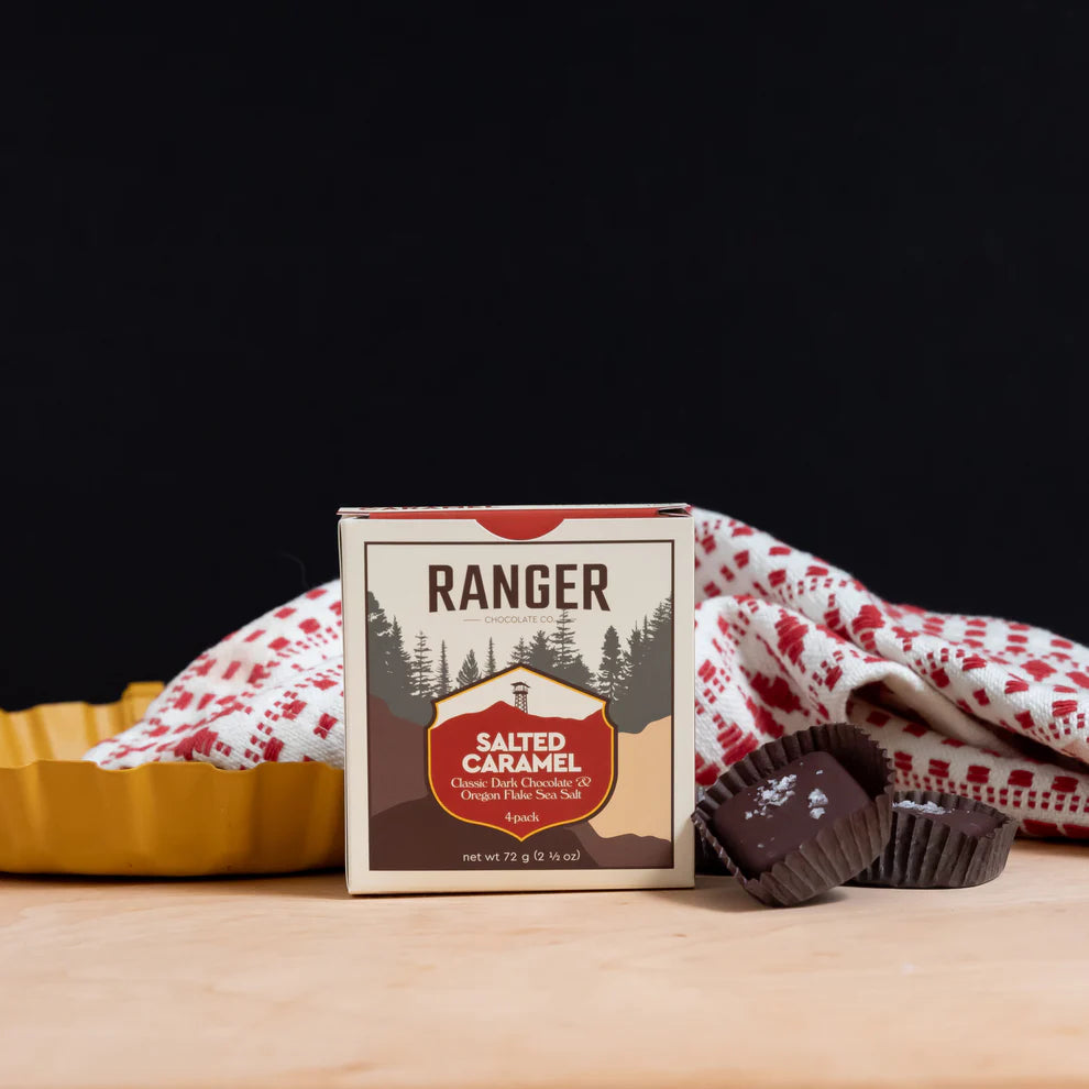 Ranger Salted Caramel Box 4 pcs dark chocolate bar with forest design