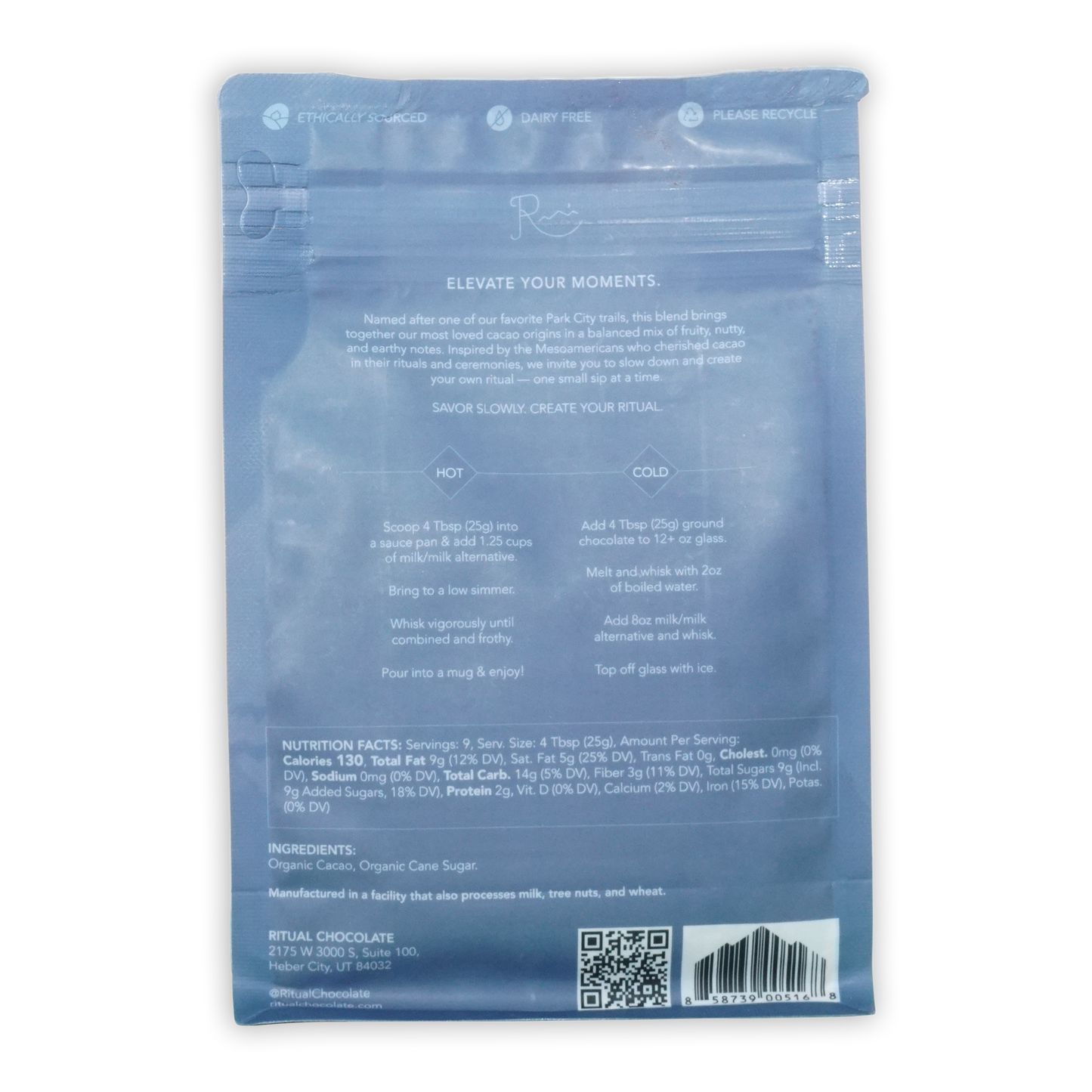 Translucent blue resealable pouch of Ritual Drinking Chocolate Mid Mountain 65% cacao blend