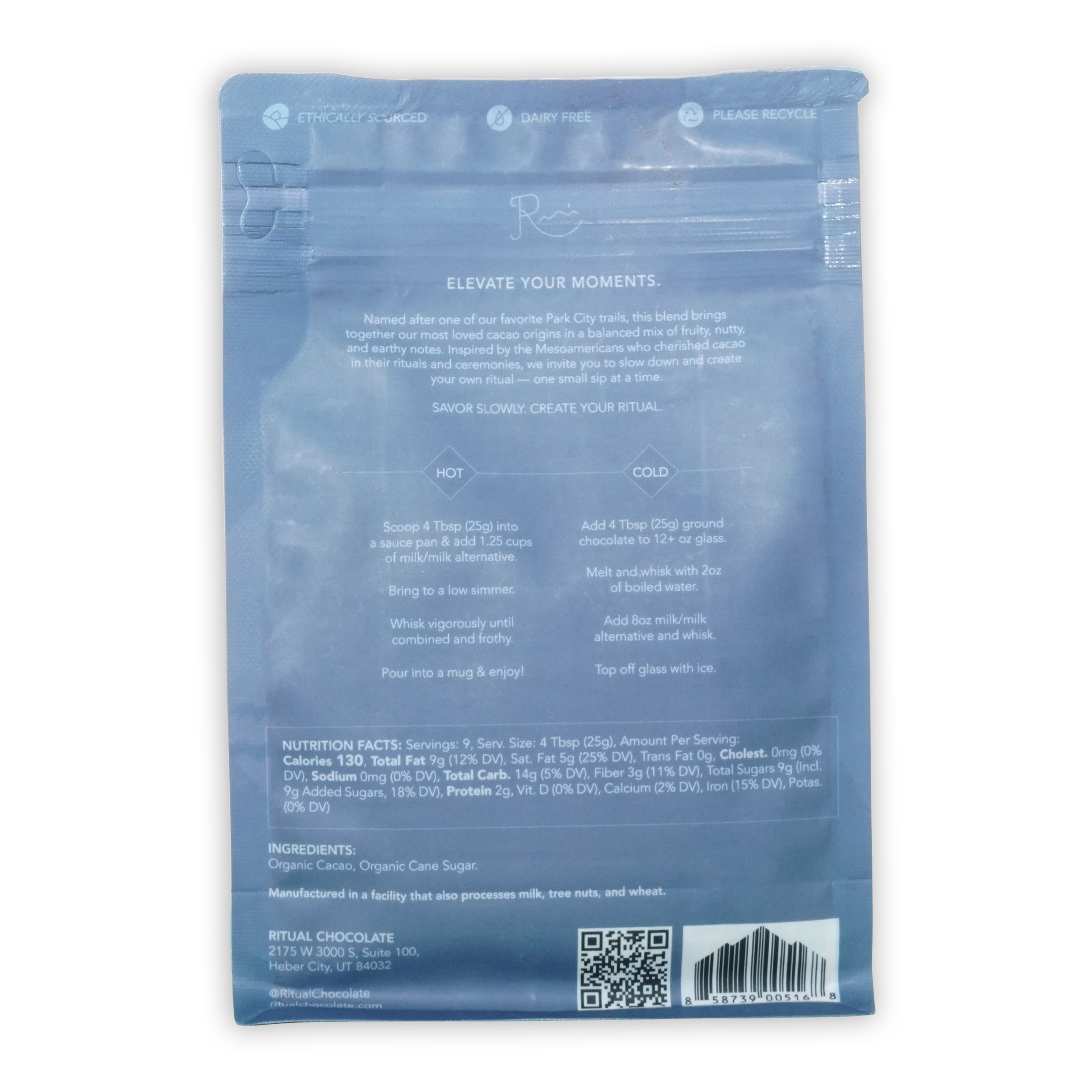 Translucent blue resealable pouch of Ritual Drinking Chocolate Mid Mountain 65% cacao blend