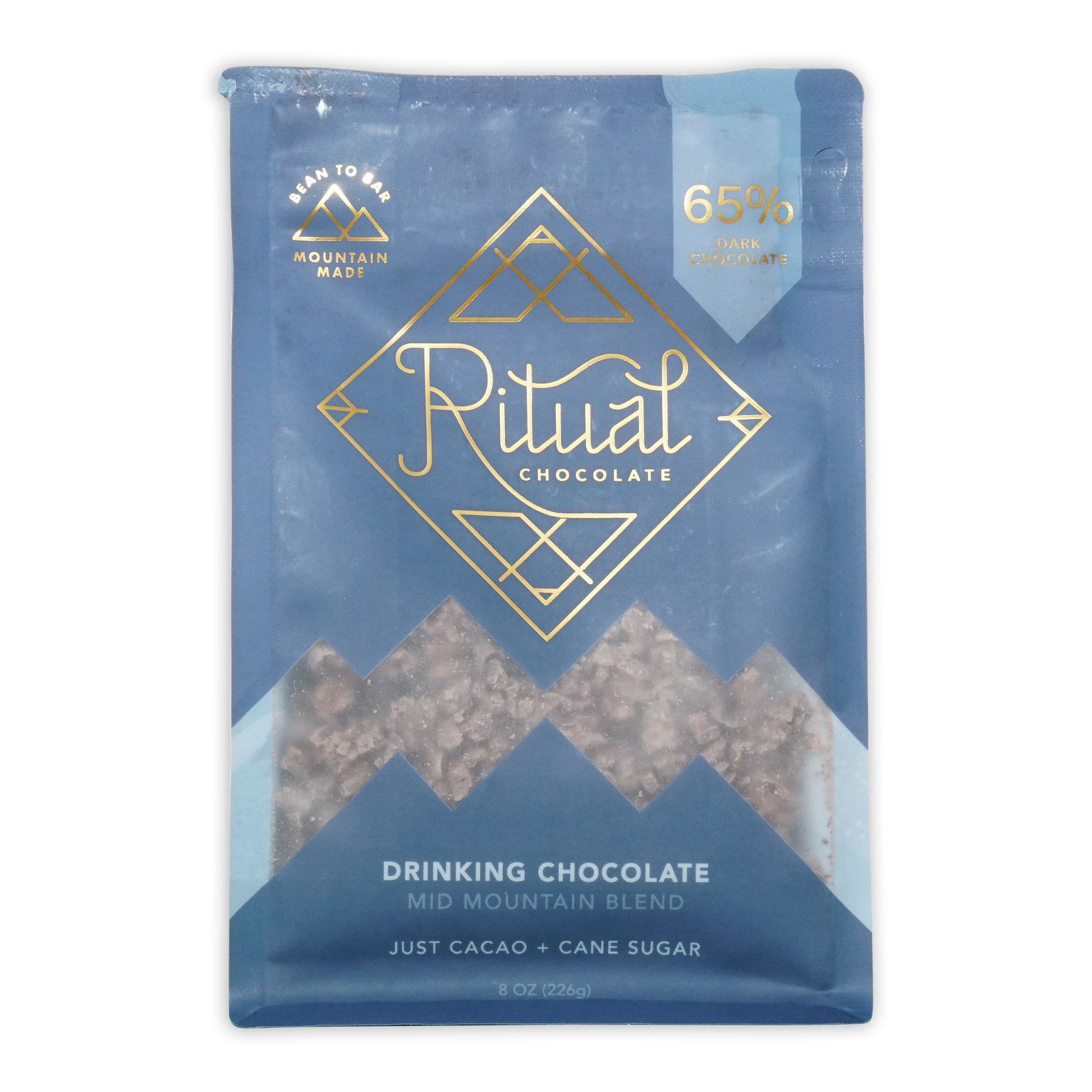 Ritual Mid Mountain 65% dark drinking chocolate in blue gold foil with cacao pieces