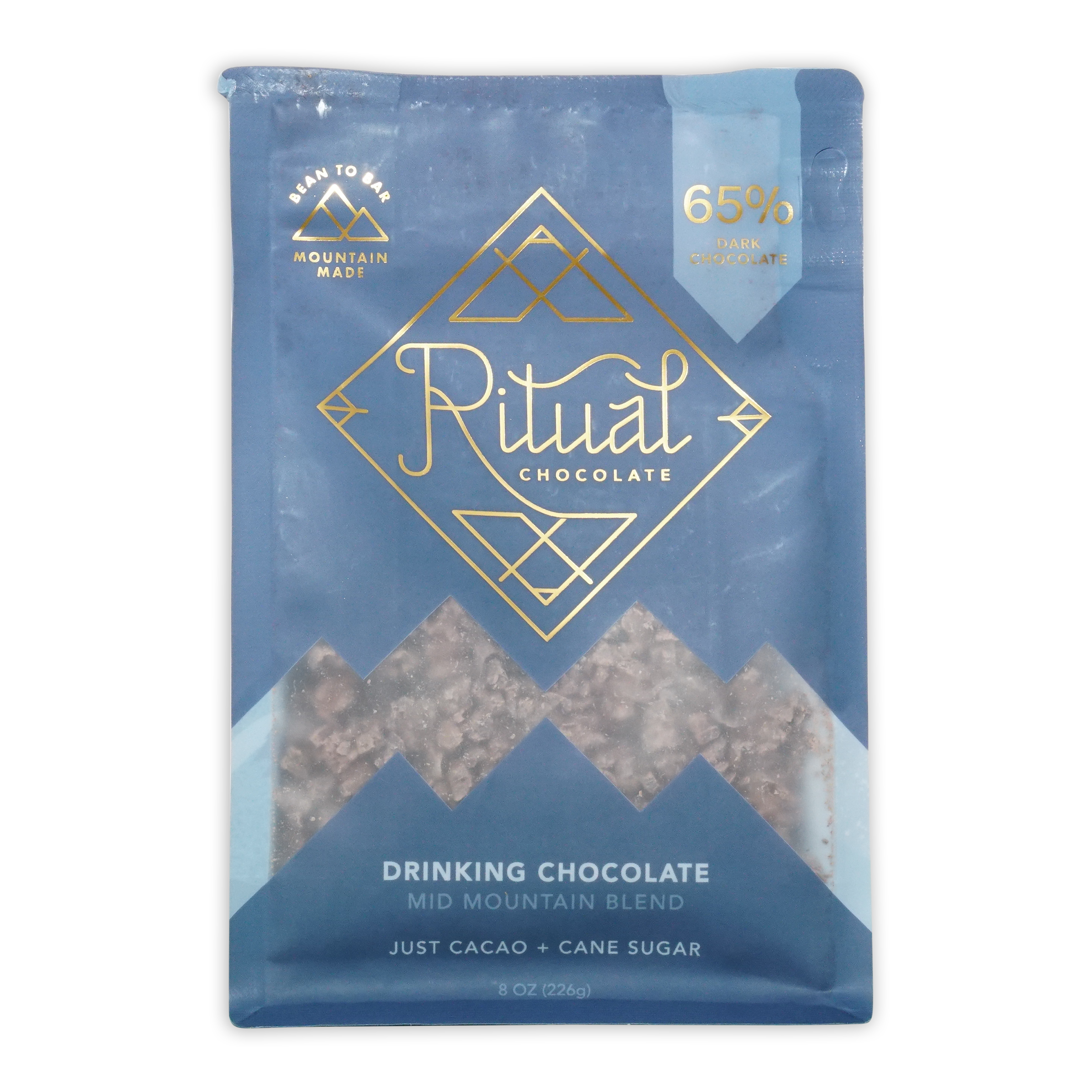Ritual Mid Mountain 65% dark drinking chocolate in blue gold foil with cacao pieces