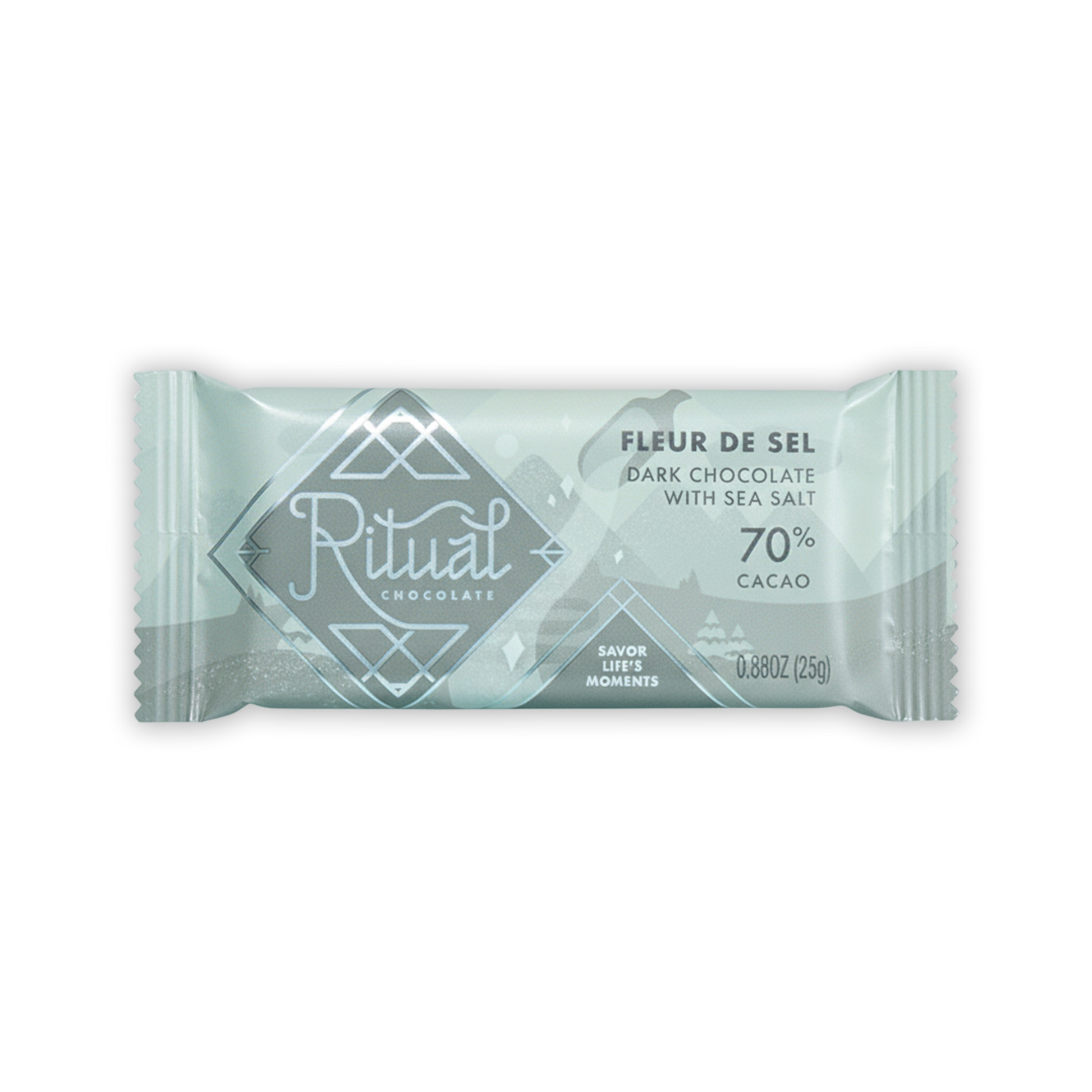 Ritual Mini Bars Fleur de Sel: sleek mint-green wrapped sea salt dark chocolate bar