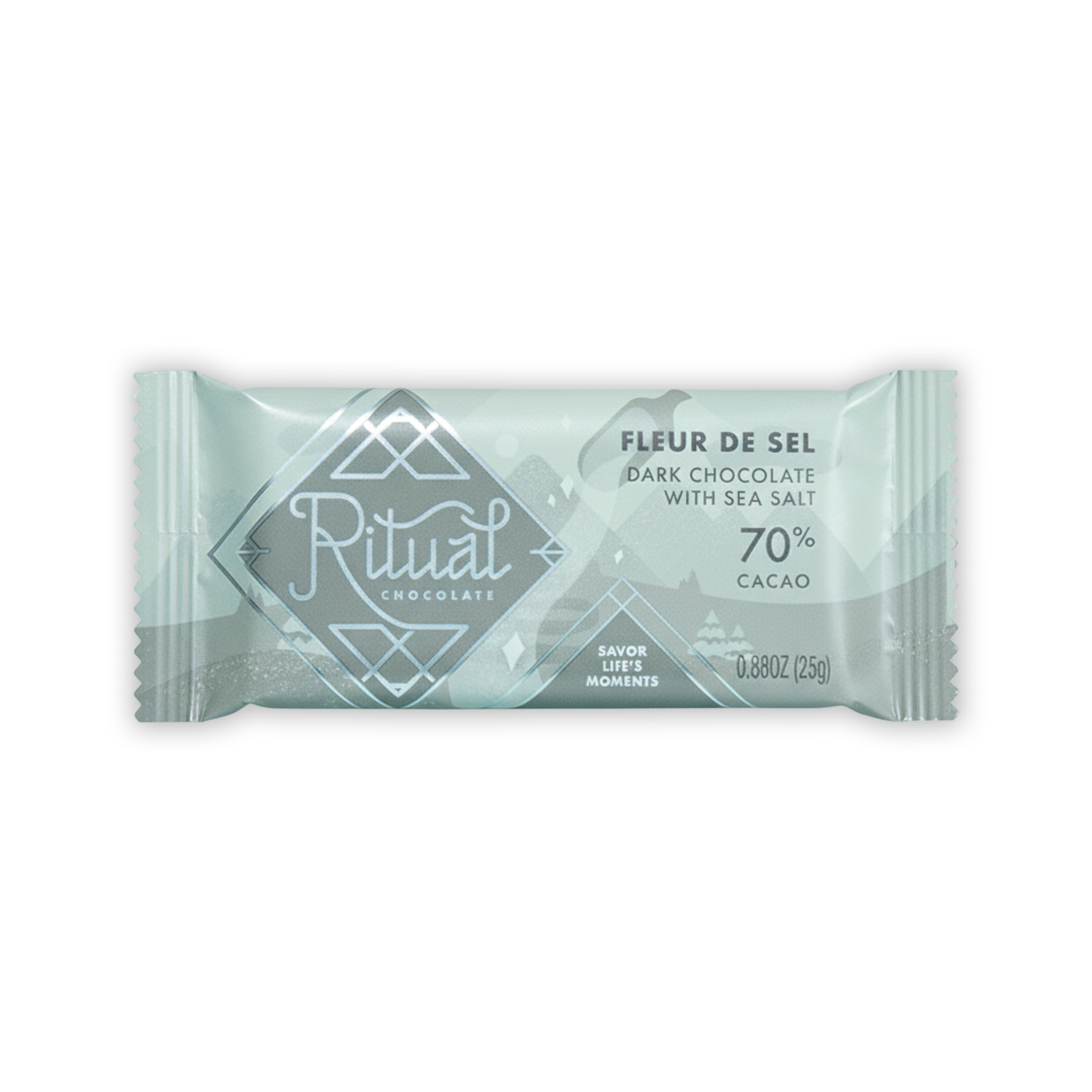 Ritual Mini Bars Fleur de Sel: sleek mint-green wrapped sea salt dark chocolate bar