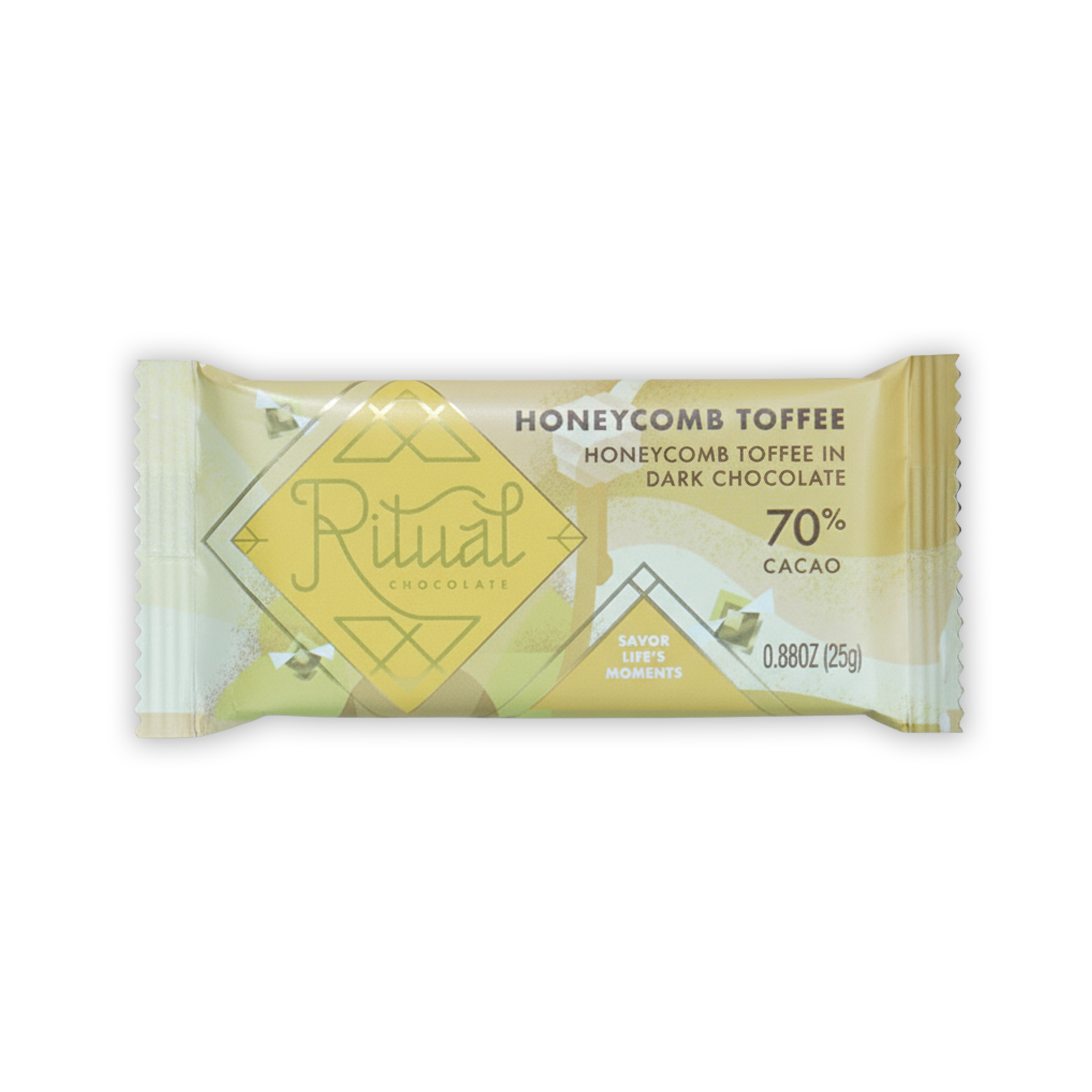 Ritual Mini Bars Honeycomb Toffee in pale yellow white wrap with gold accents