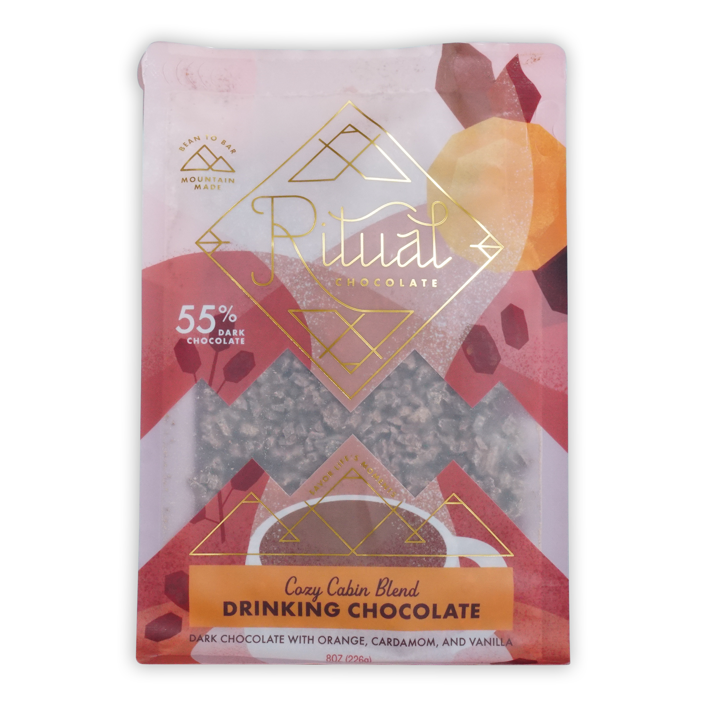 Ritual drinking chocolate cozy cabin 55 percent in pink and gold foil pouch with geometric mountain design