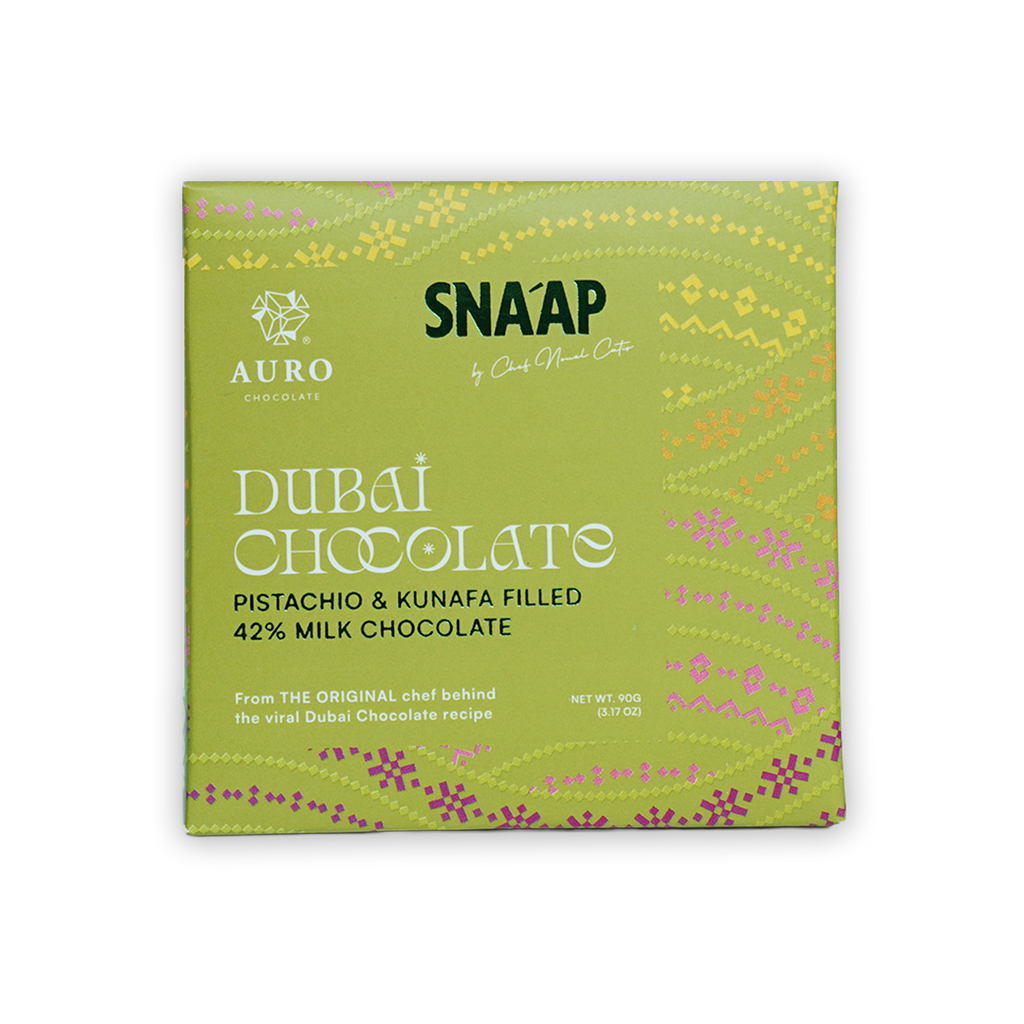 Snaap by Auro 42% milk chocolate box with pistachio kunafa filling