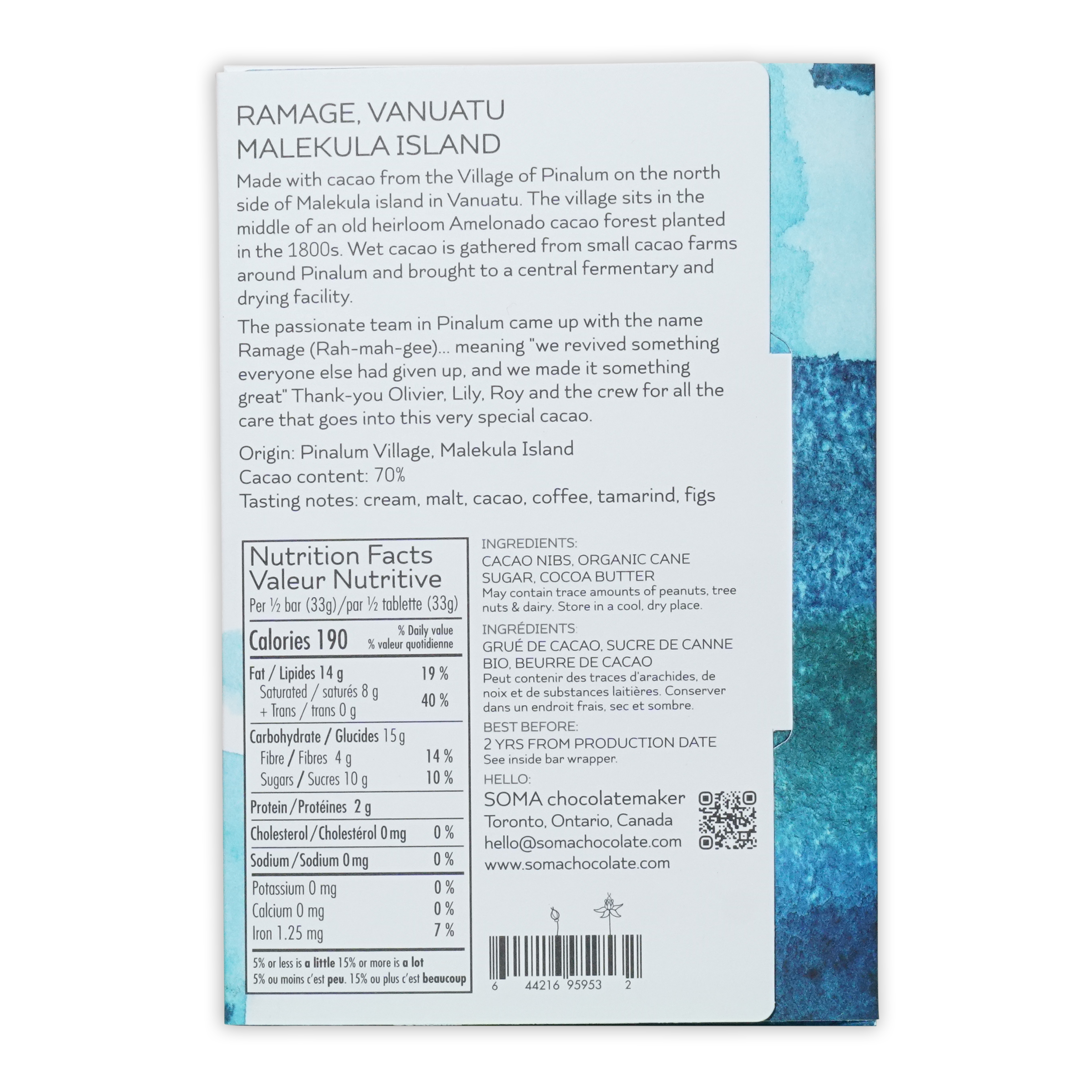 Back of Soma Ramage Vanuatu 70% white chocolate bar wrapper with teal design