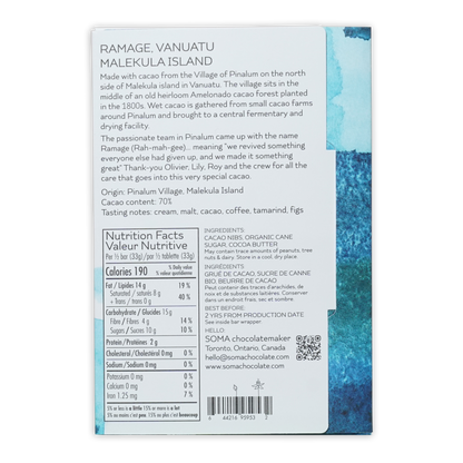 Back of Soma Ramage Vanuatu 70% white chocolate bar wrapper with teal design