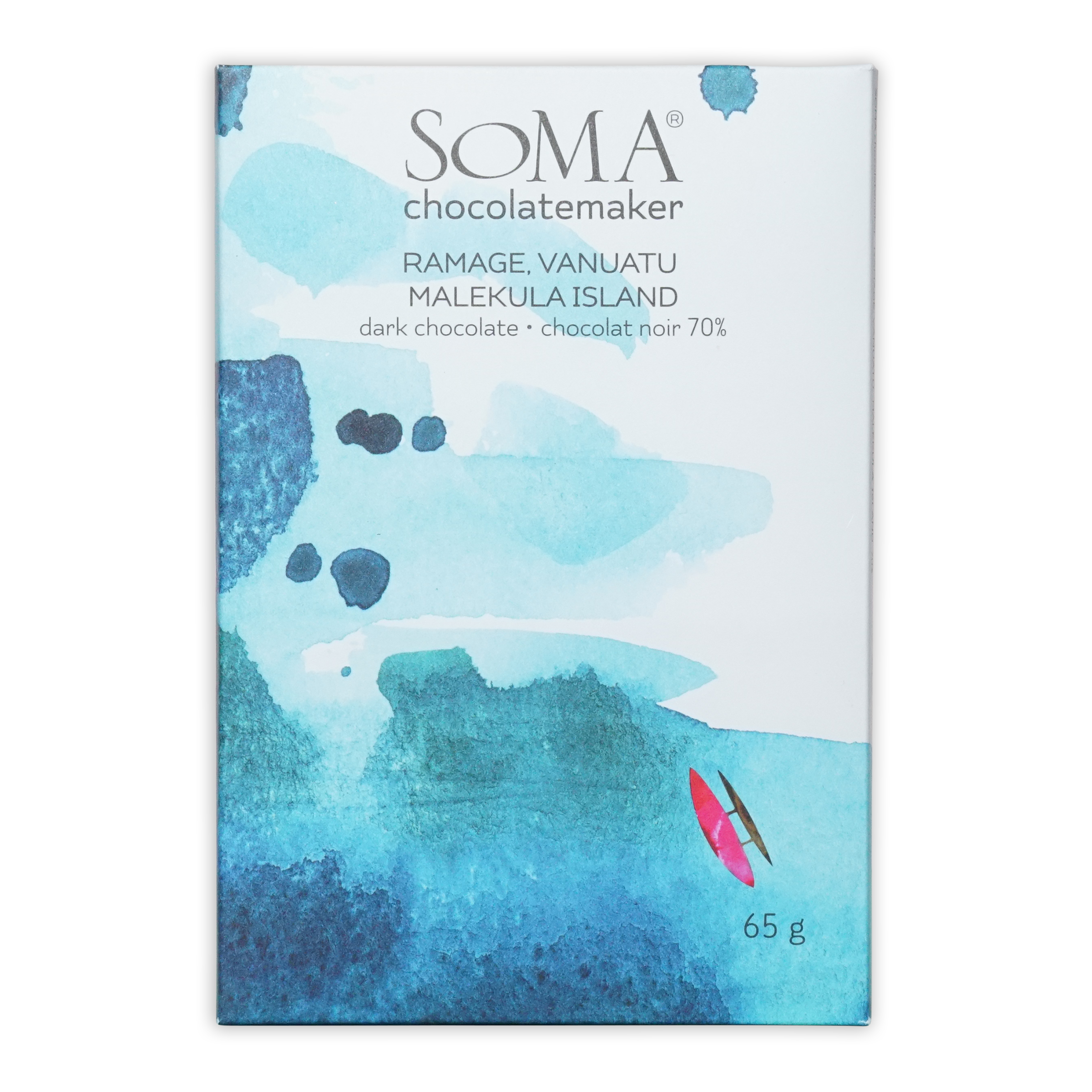 Soma Ramage Vanuatu 70% 65g chocolate bar with watercolor blue surfboard packaging