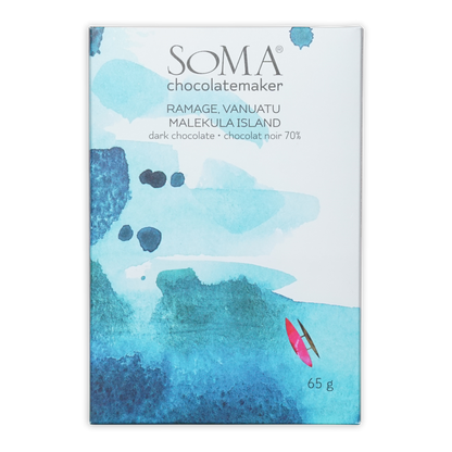 Soma Ramage Vanuatu 70% 65g chocolate bar with watercolor blue surfboard packaging