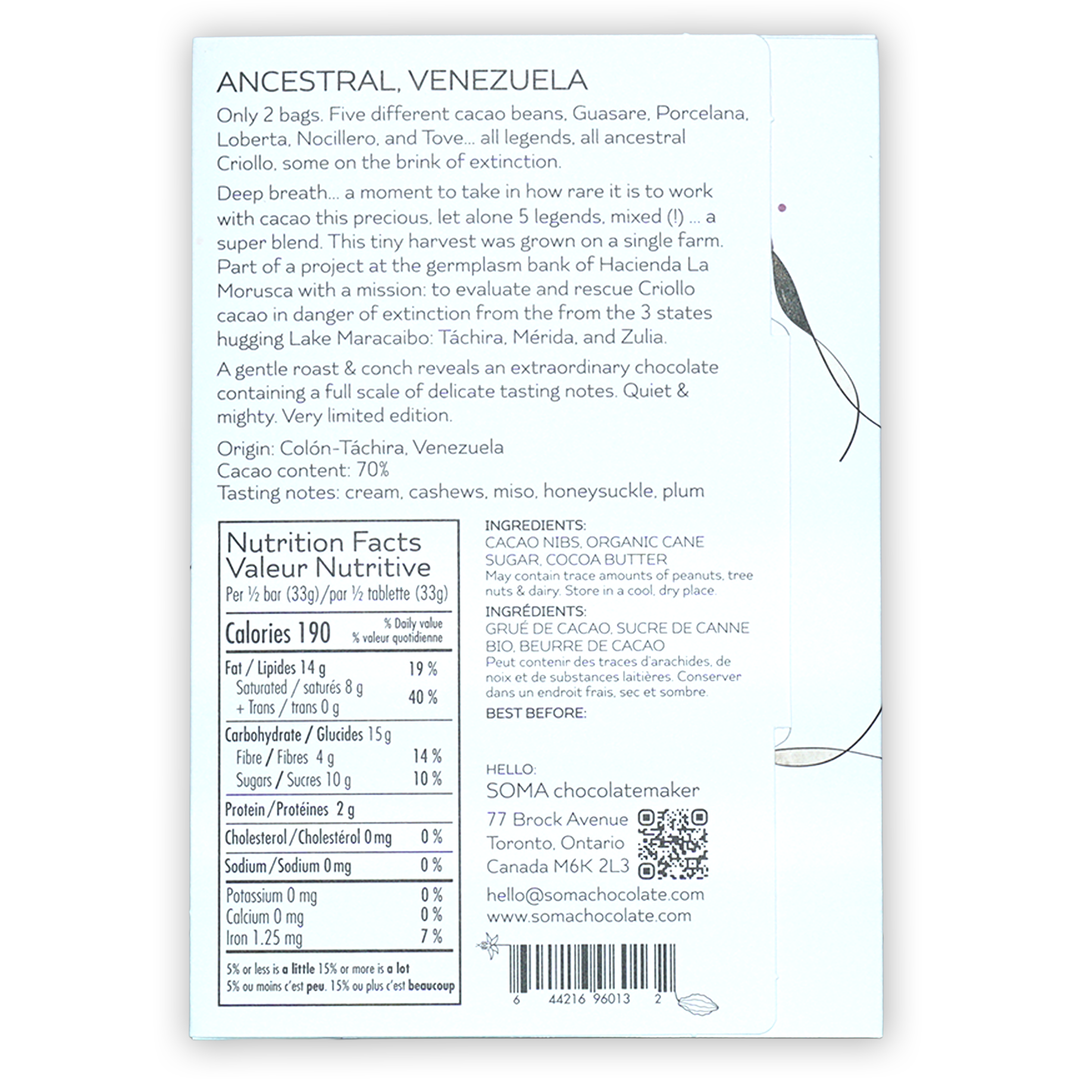 Soma Ancestral Venezuela 70% white wrapper with black text and leaf illustrations