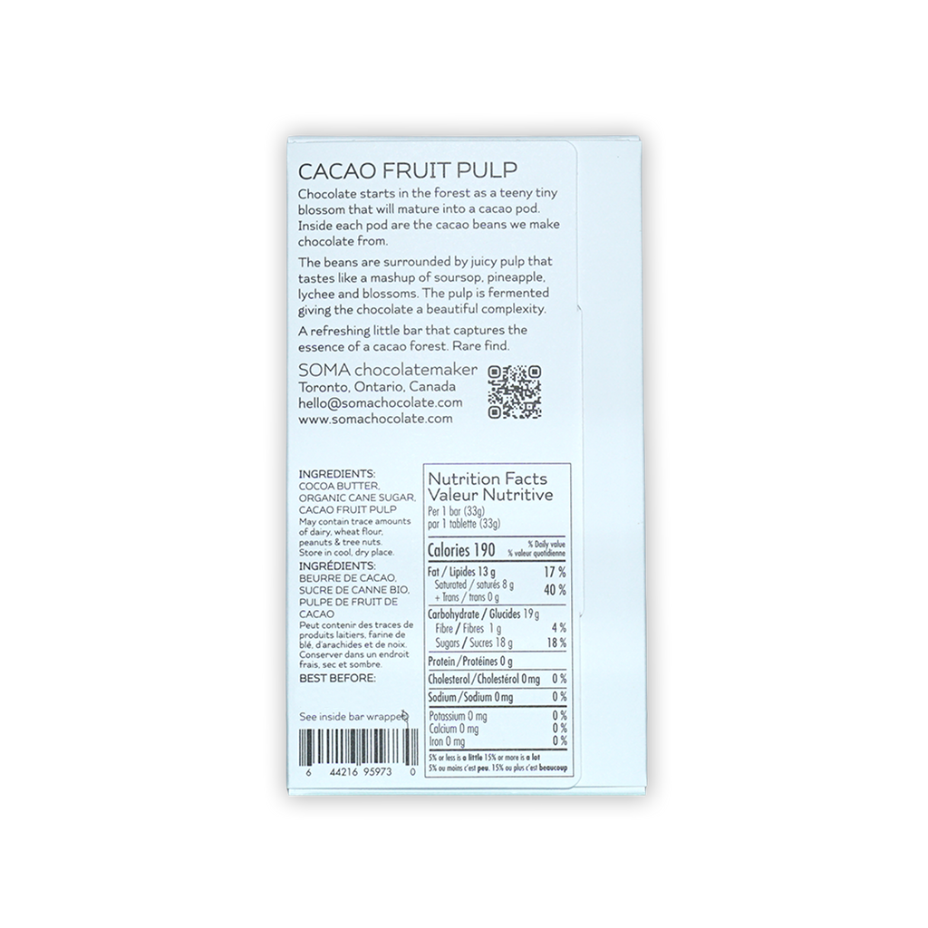 Back of Soma Mini Cacao Fruit Pulp white box with ingredients and nutrition facts