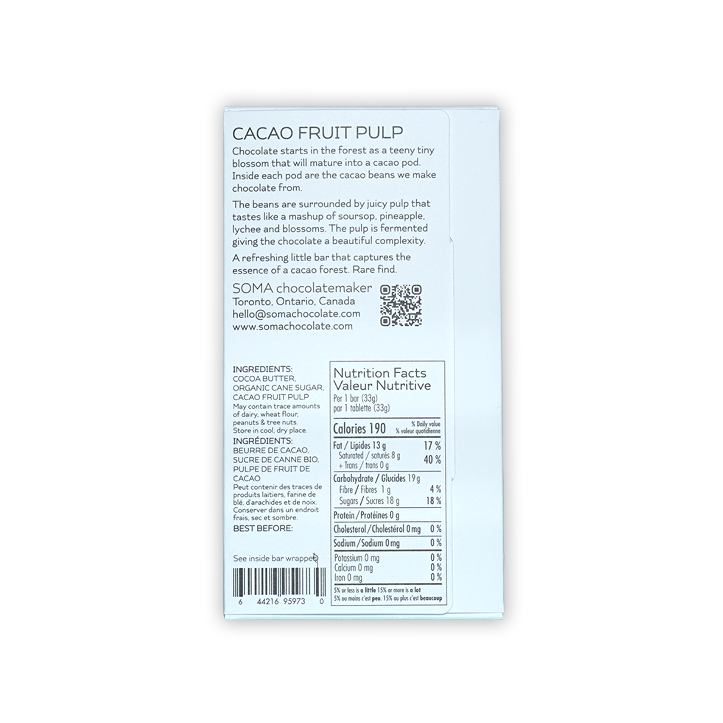 Back of Soma Mini Cacao Fruit Pulp white box with ingredients and nutrition facts