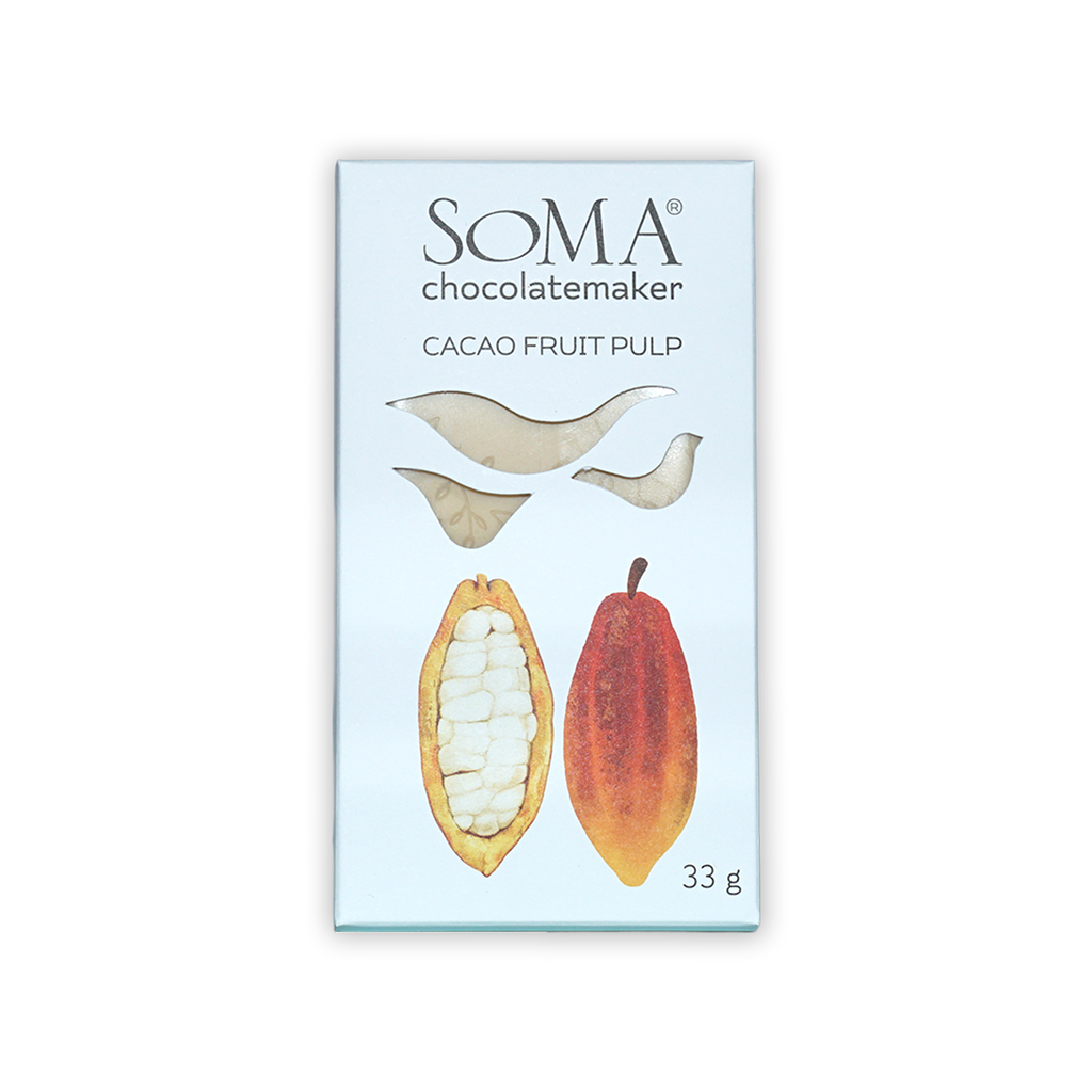 Soma Mini Cacao Fruit Pulp bar in white package with cocoa pods