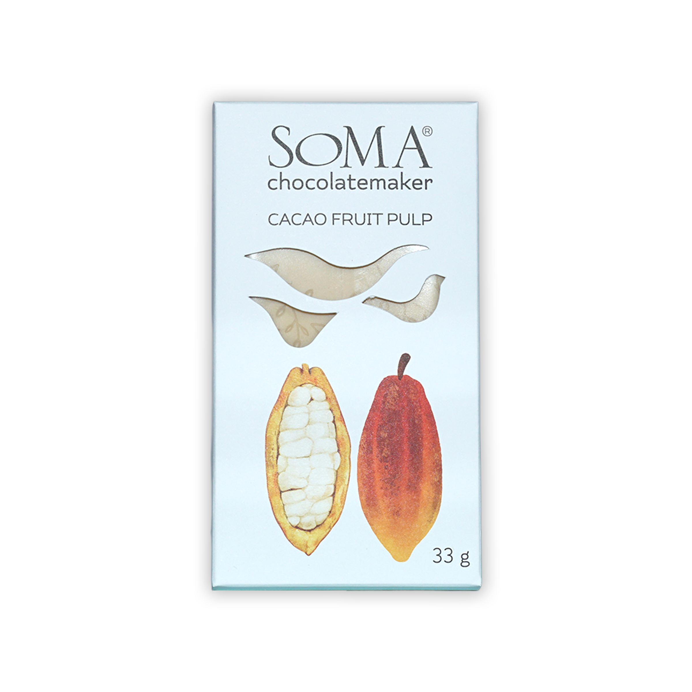 Soma Mini Cacao Fruit Pulp bar in white package with cocoa pods