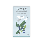 Soma Mini Haskap Berry light blue chocolate package with berry leaves illustration