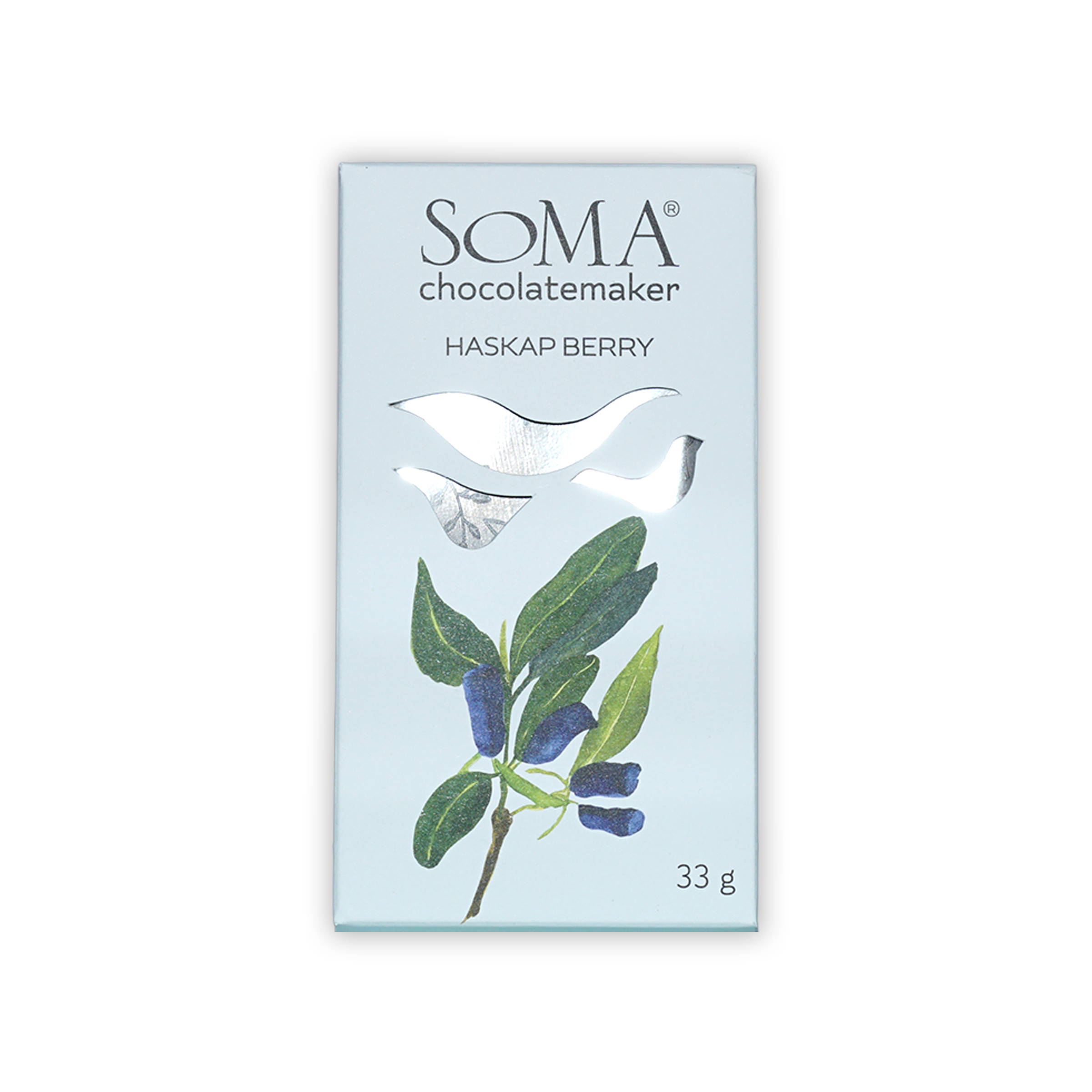 Soma Mini Haskap Berry light blue chocolate package with berry leaves illustration