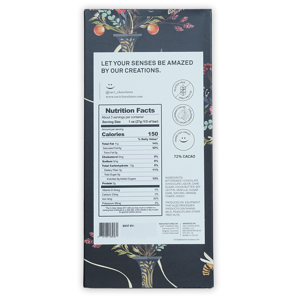 Tavi Dark Orange Honeycomb 72% chocolate bar with floral wrapper