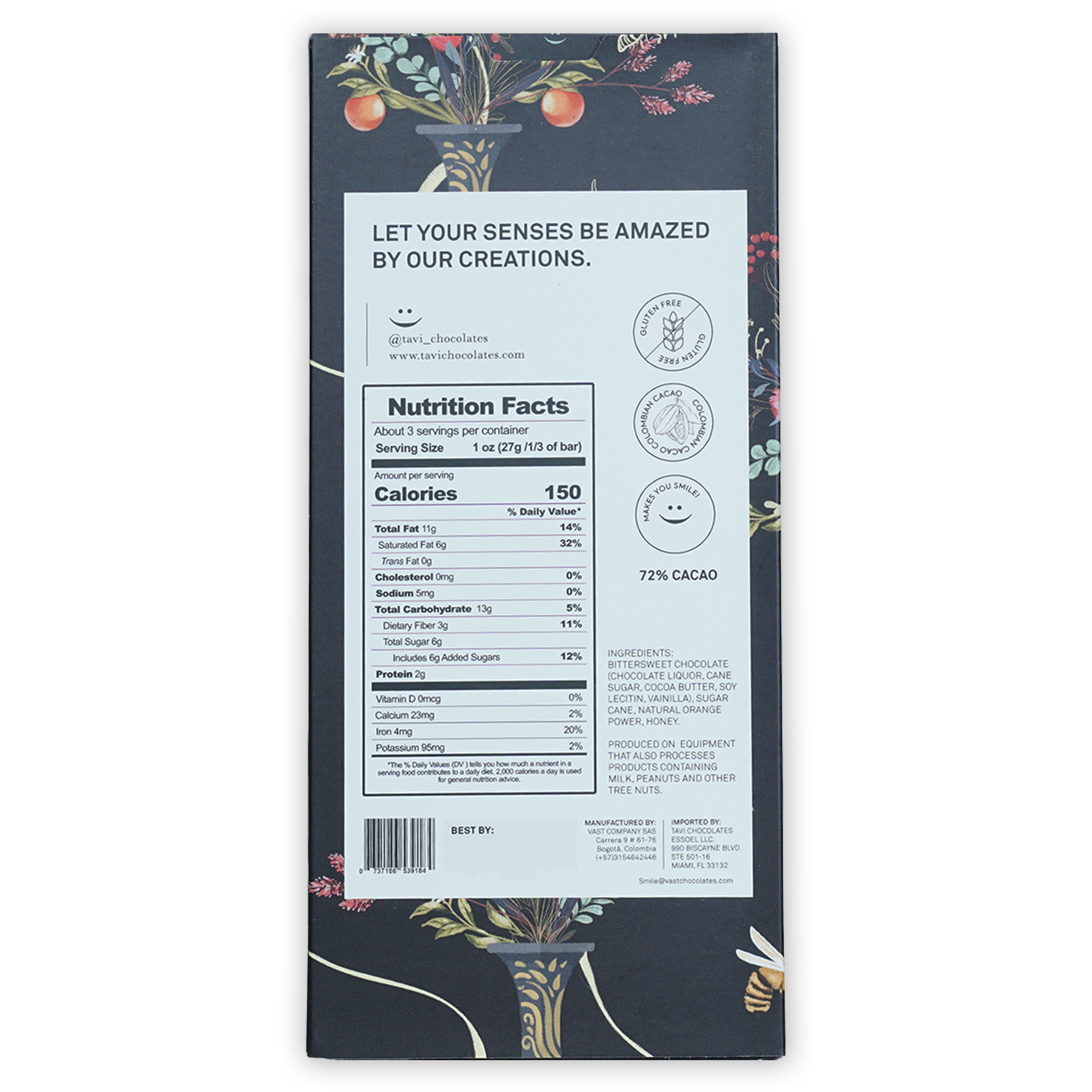 Tavi Dark Orange Honeycomb 72% chocolate bar with floral wrapper