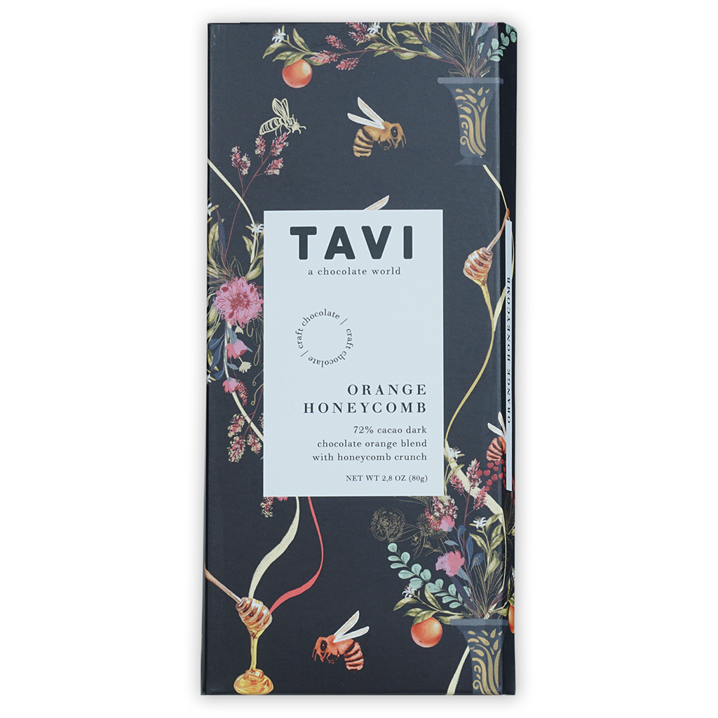 Tavi Dark Orange Honeycomb 72% chocolate bar with floral bee packaging