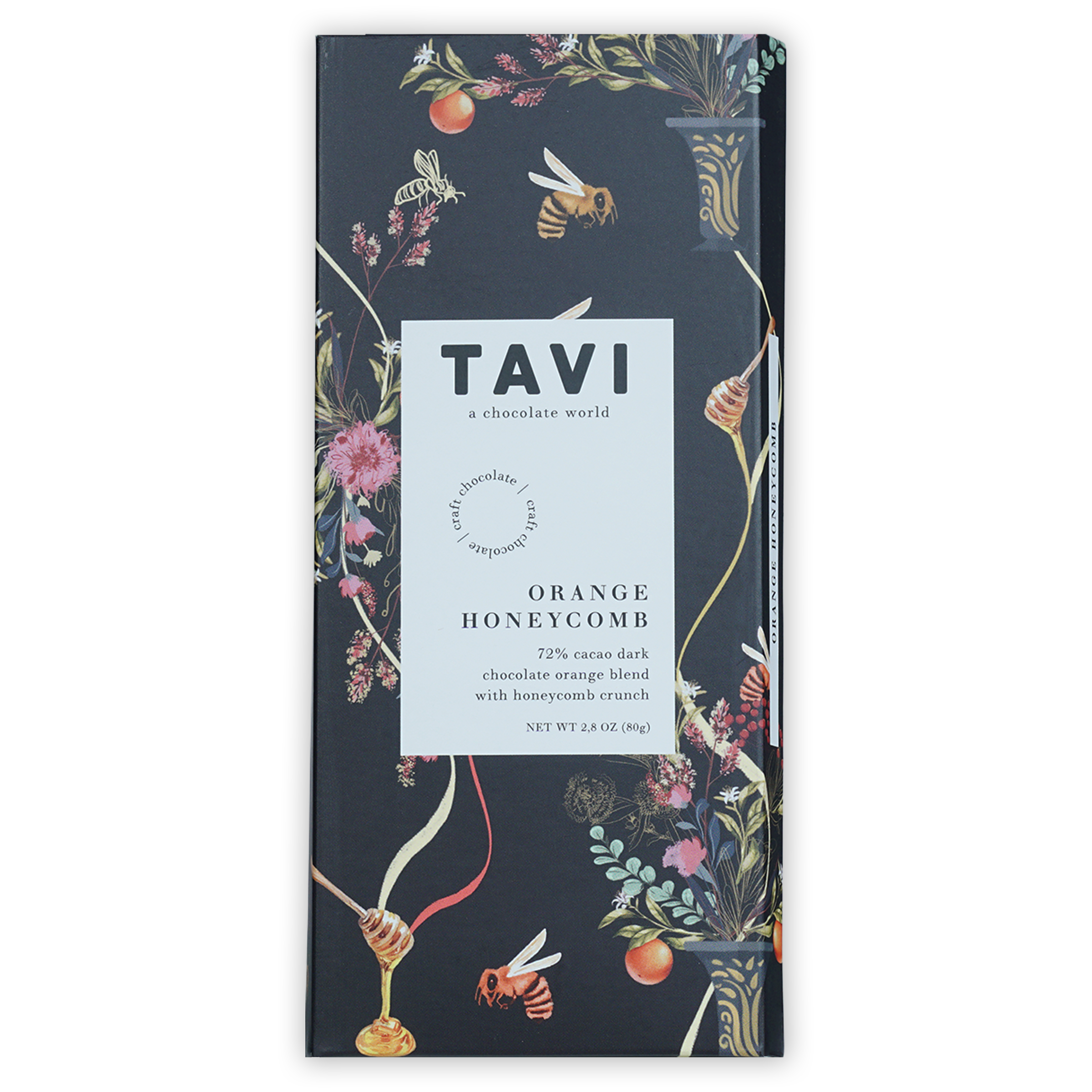 Tavi Dark Orange Honeycomb 72% chocolate bar with floral bee packaging
