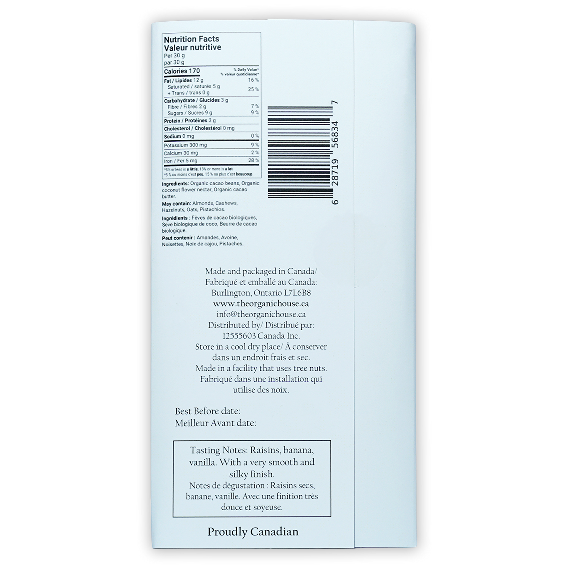 Back of Organic House dark chocolate bar 85% Peru Ucayali