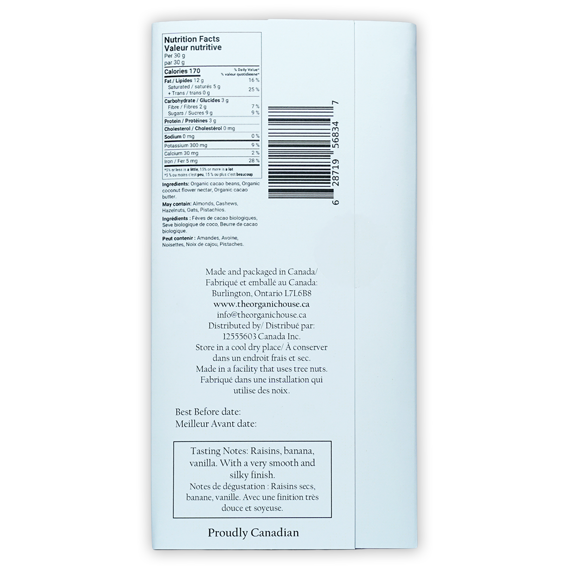 Back of Organic House dark chocolate bar 85% Peru Ucayali