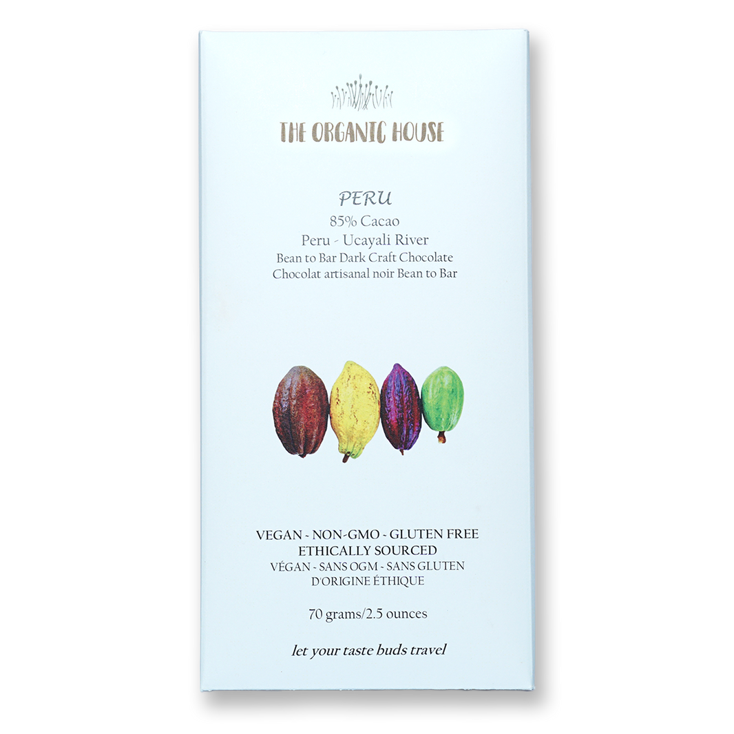 The Organic House Dark Peru Ucayali 85% with cacao pods in front