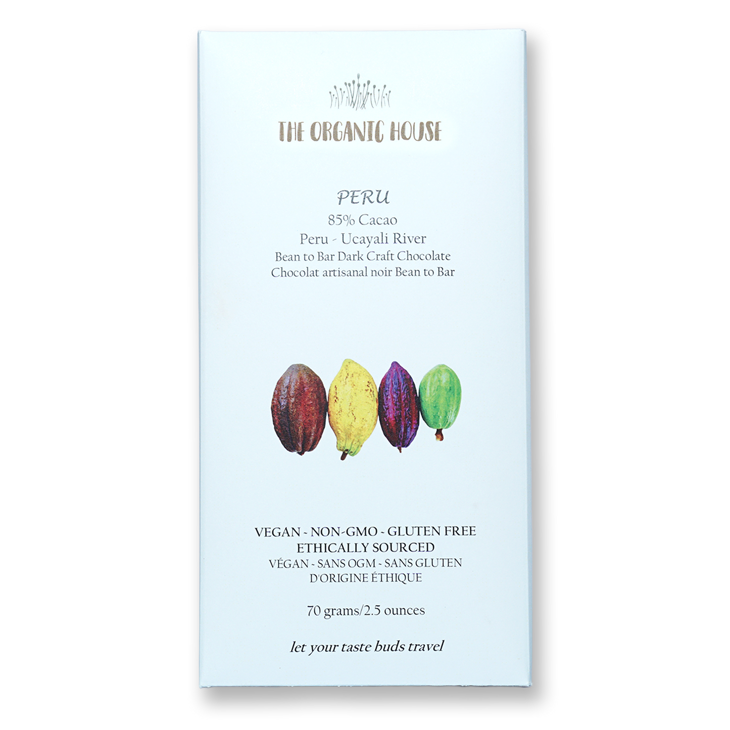 The Organic House Dark Peru Ucayali 85% with cacao pods in front