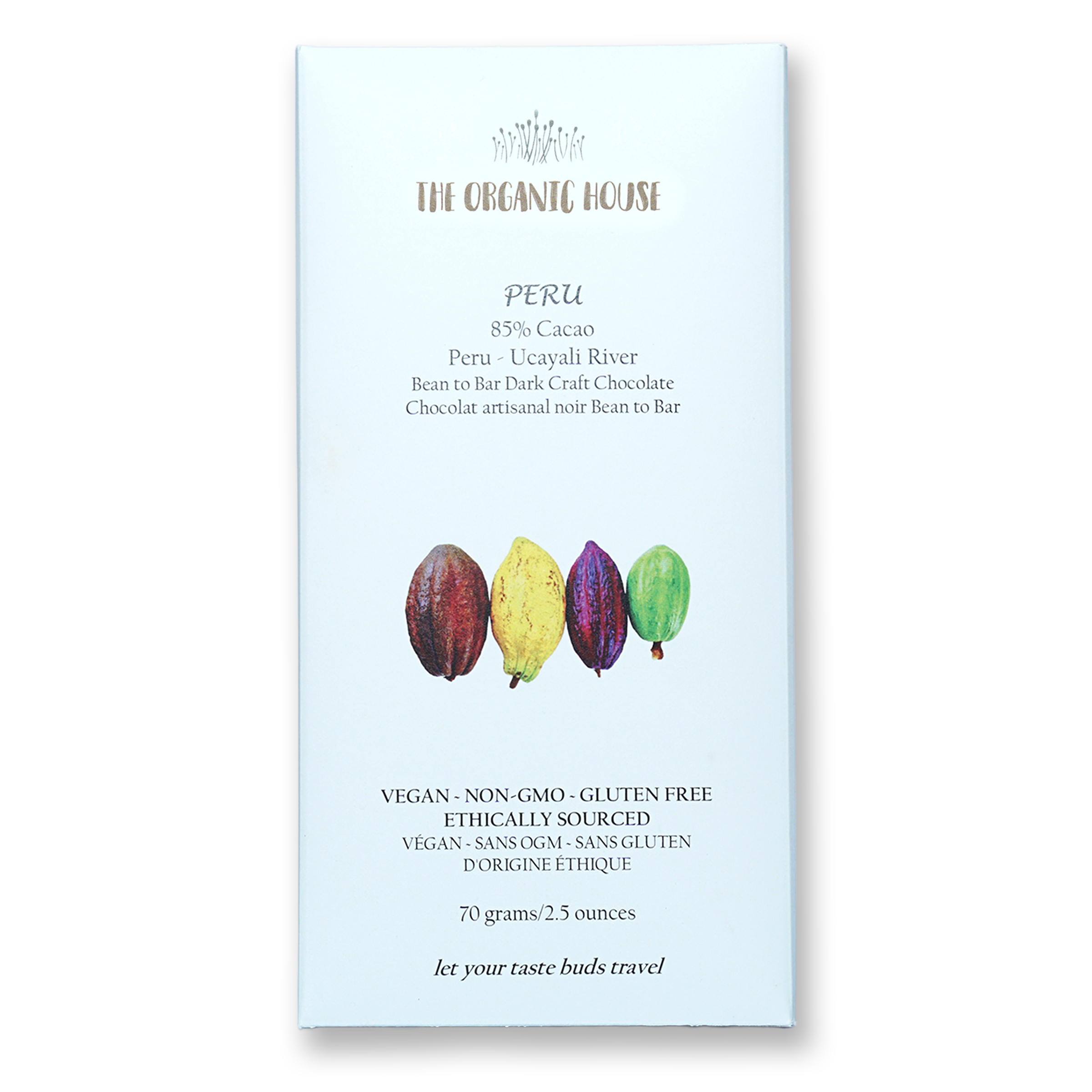 The Organic House Dark Peru Ucayali 85% with cacao pods in front