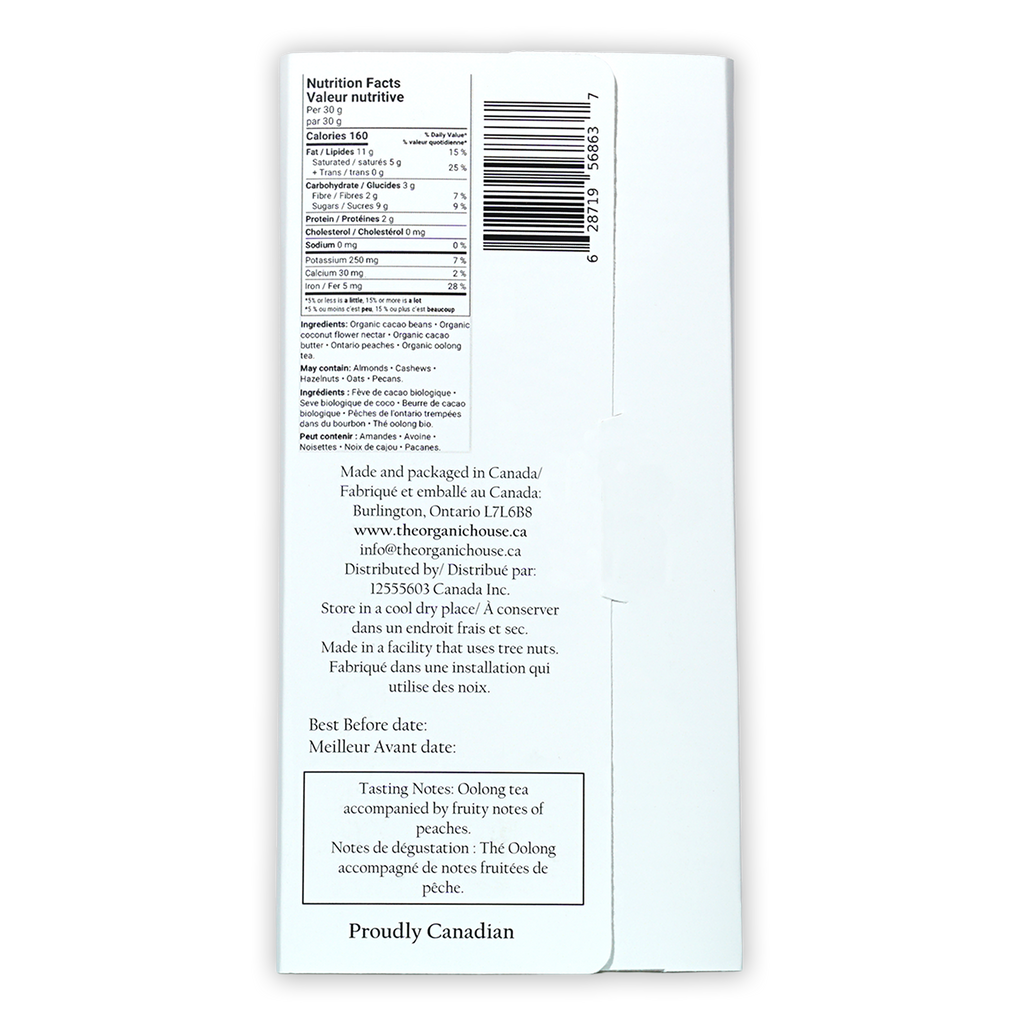 Back of The Organic House Dark Oolong Orchard O’Payo 65% white paper packaging with bilingual nutrition facts