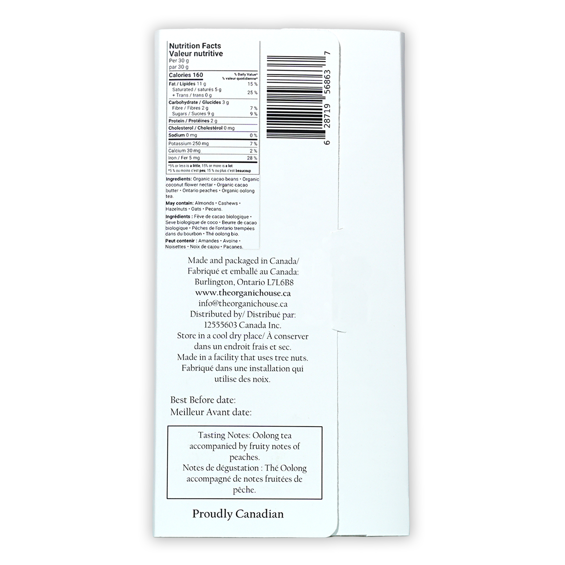 Back of The Organic House Dark Oolong Orchard O’Payo 65% white paper packaging with bilingual nutrition facts