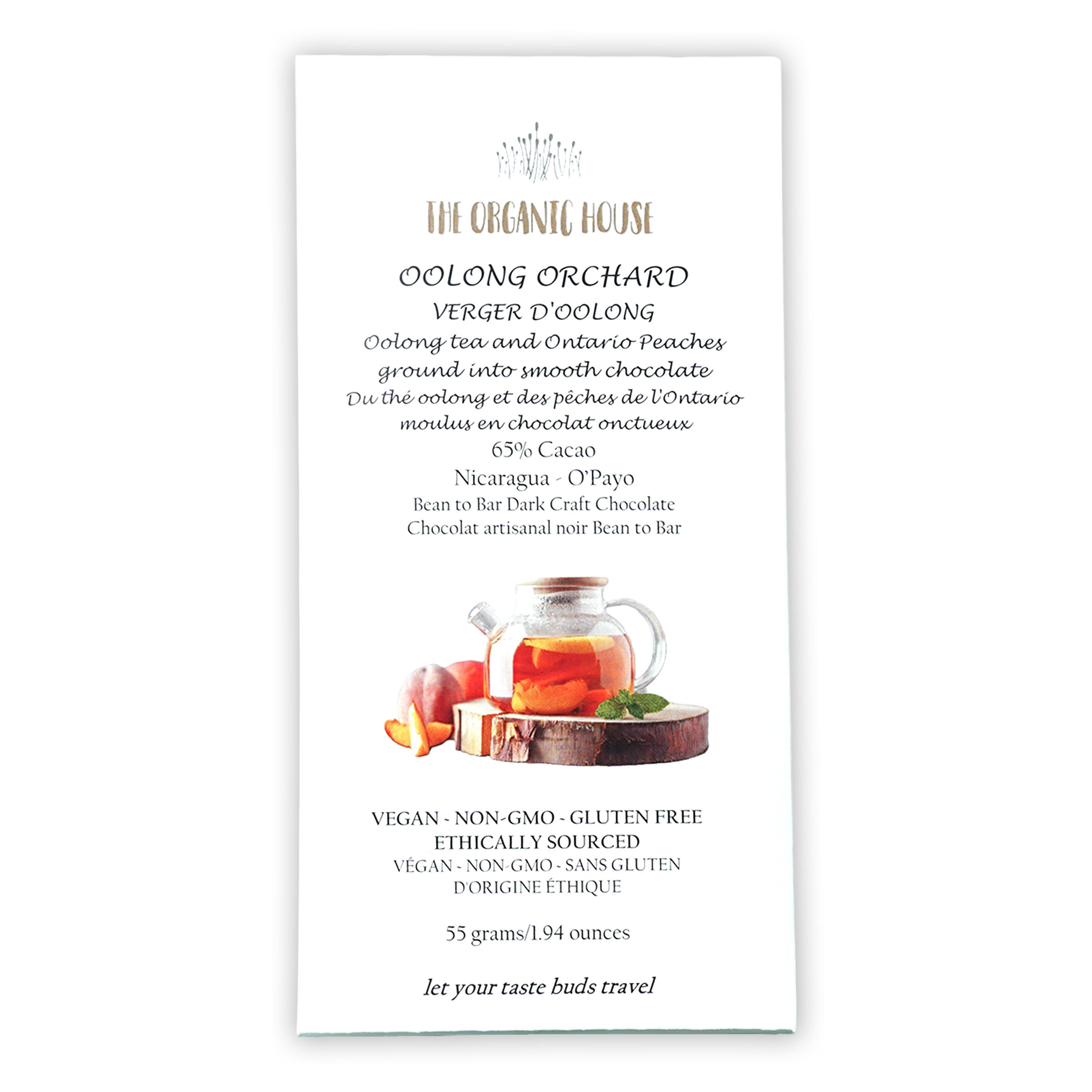 The Organic House Oolong Orchard dark chocolate bar wrapper with teapot