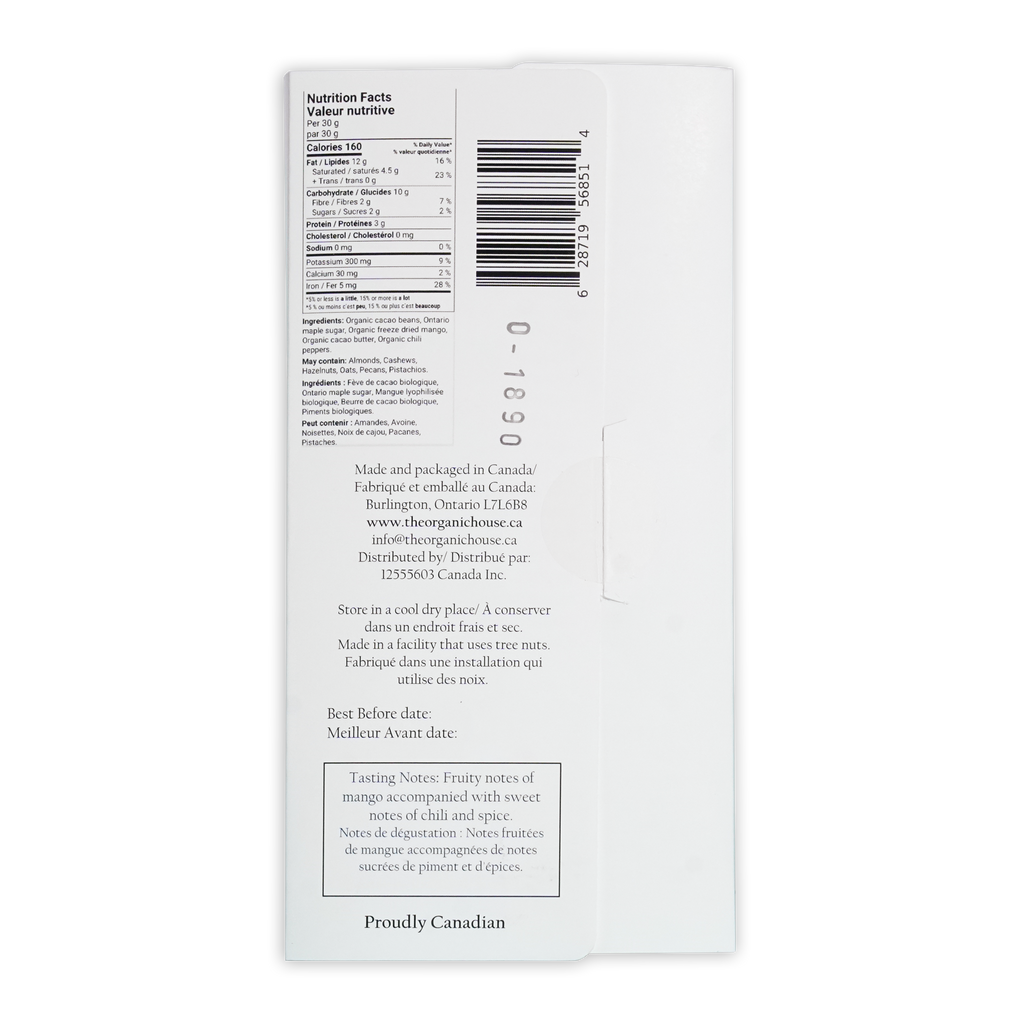 White paper packaging for canadian-made organic snack the organic house mango chili dark 70 percent chocolate