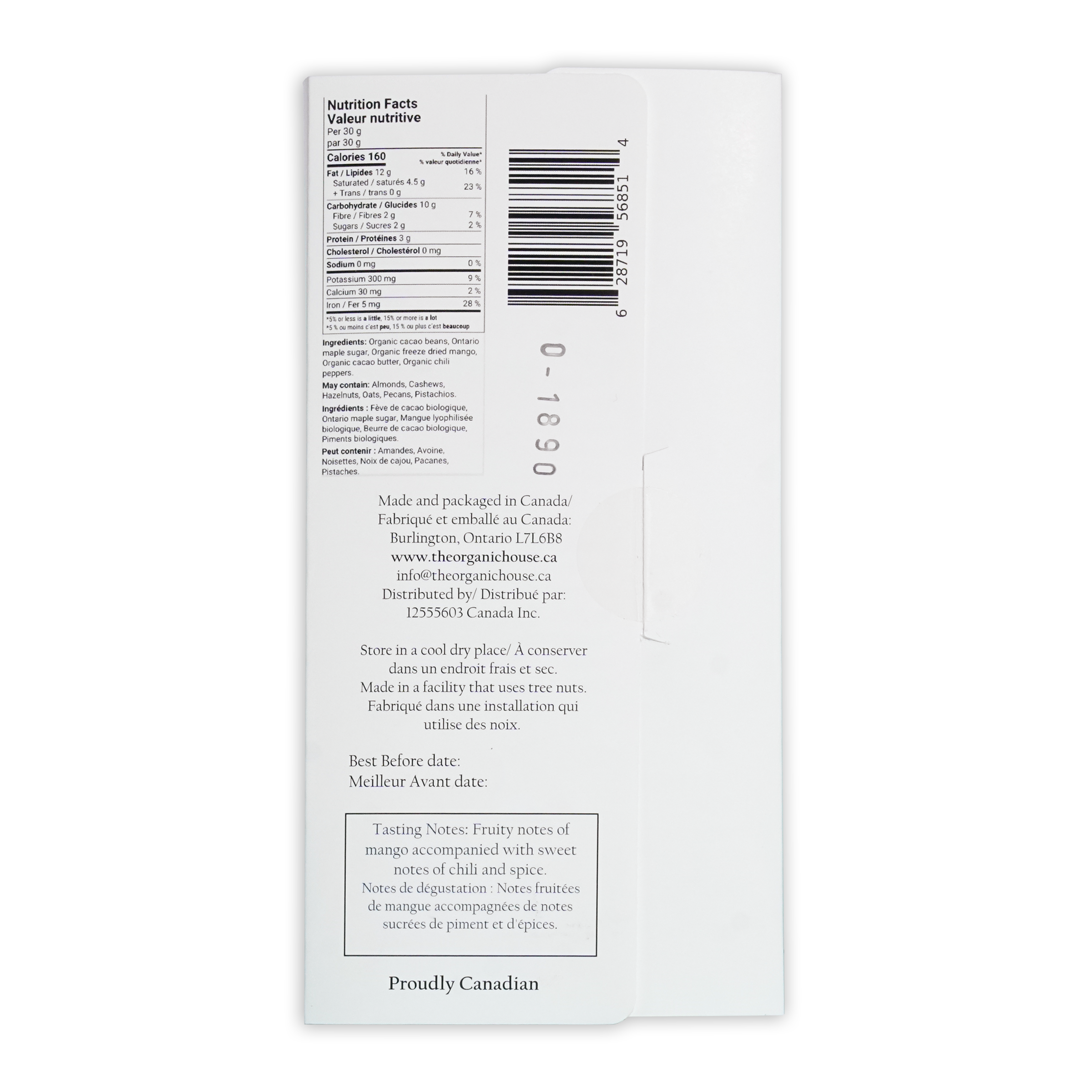 White paper packaging for canadian-made organic snack the organic house mango chili dark 70 percent chocolate