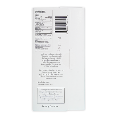 White paper packaging for canadian-made organic snack the organic house mango chili dark 70 percent chocolate