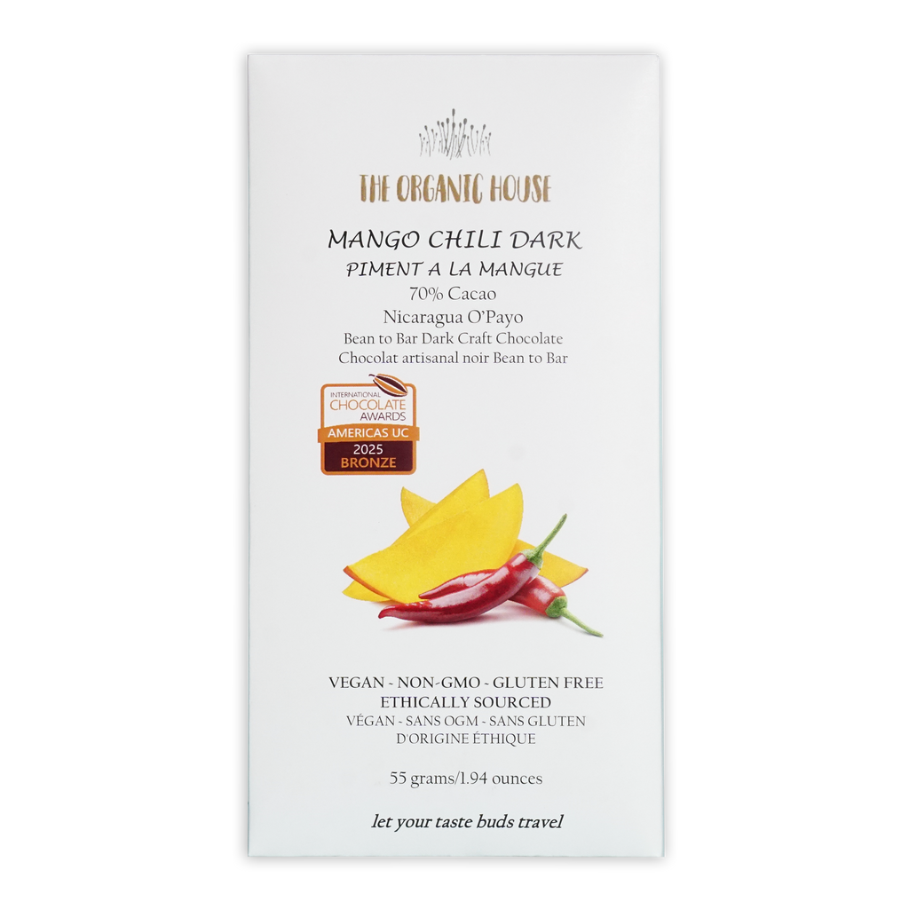 White rectangular wrapper for the organic house mango chili dark 70 percent chocolate bar with mango and chili illustration