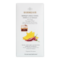 White rectangular wrapper for the organic house mango chili dark 70 percent chocolate bar with mango and chili illustration