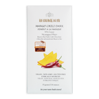 White rectangular wrapper for the organic house mango chili dark 70 percent chocolate bar with mango and chili illustration