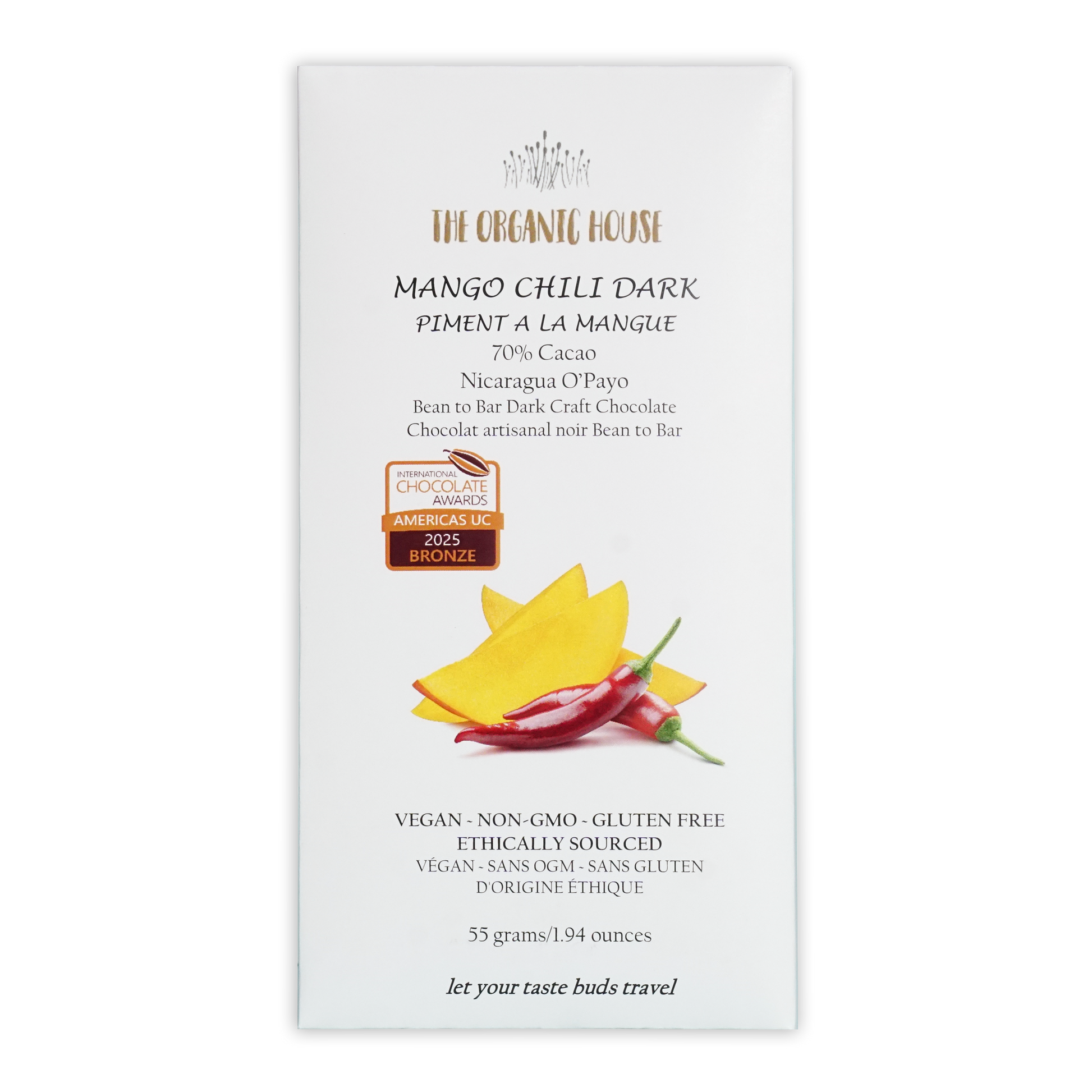 White rectangular wrapper for the organic house mango chili dark 70 percent chocolate bar with mango and chili illustration