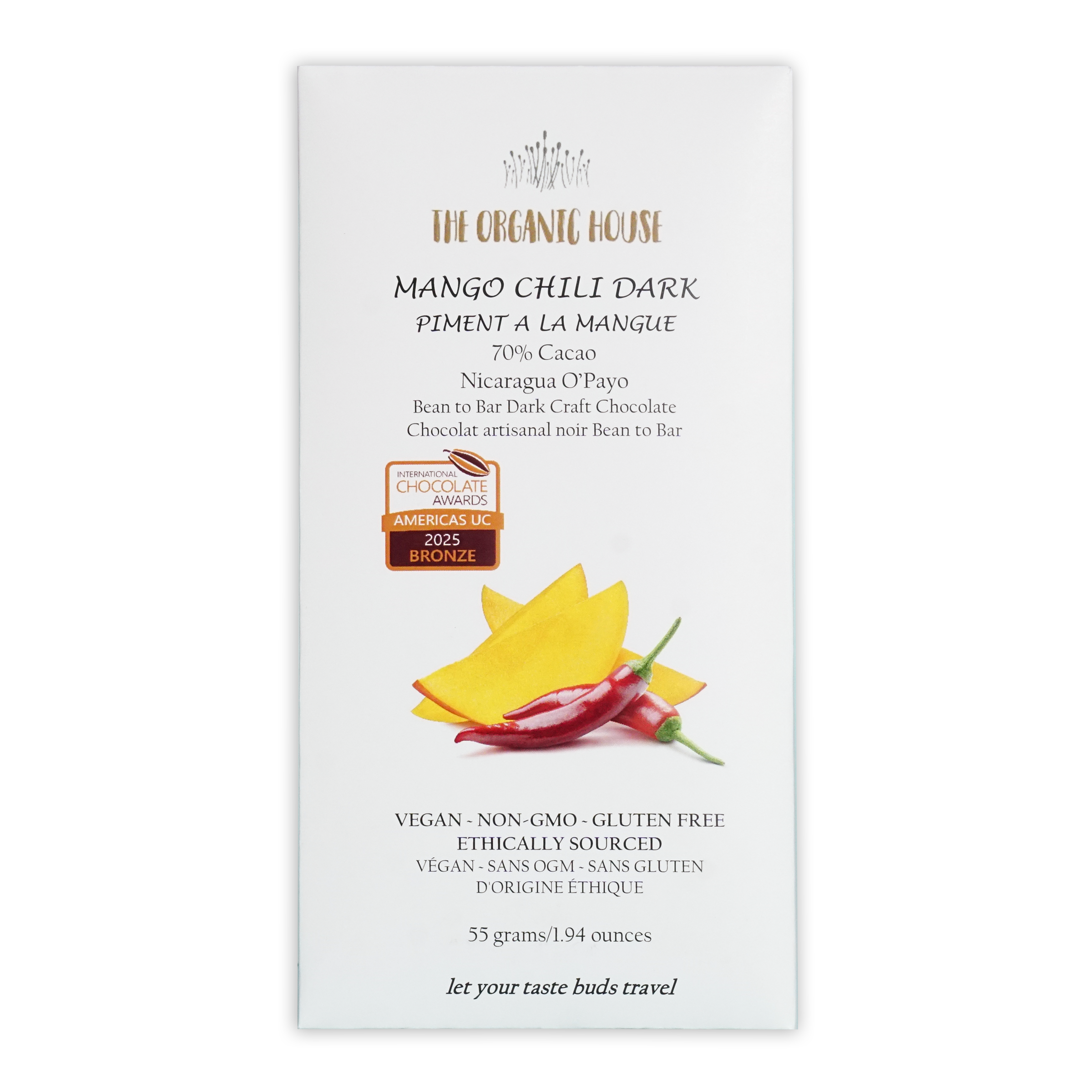 White rectangular wrapper for the organic house mango chili dark 70 percent chocolate bar with mango and chili illustration