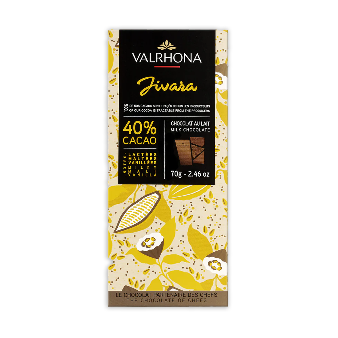 Valrhona Grand Cru Jivara 40% milk chocolate bar wrapper