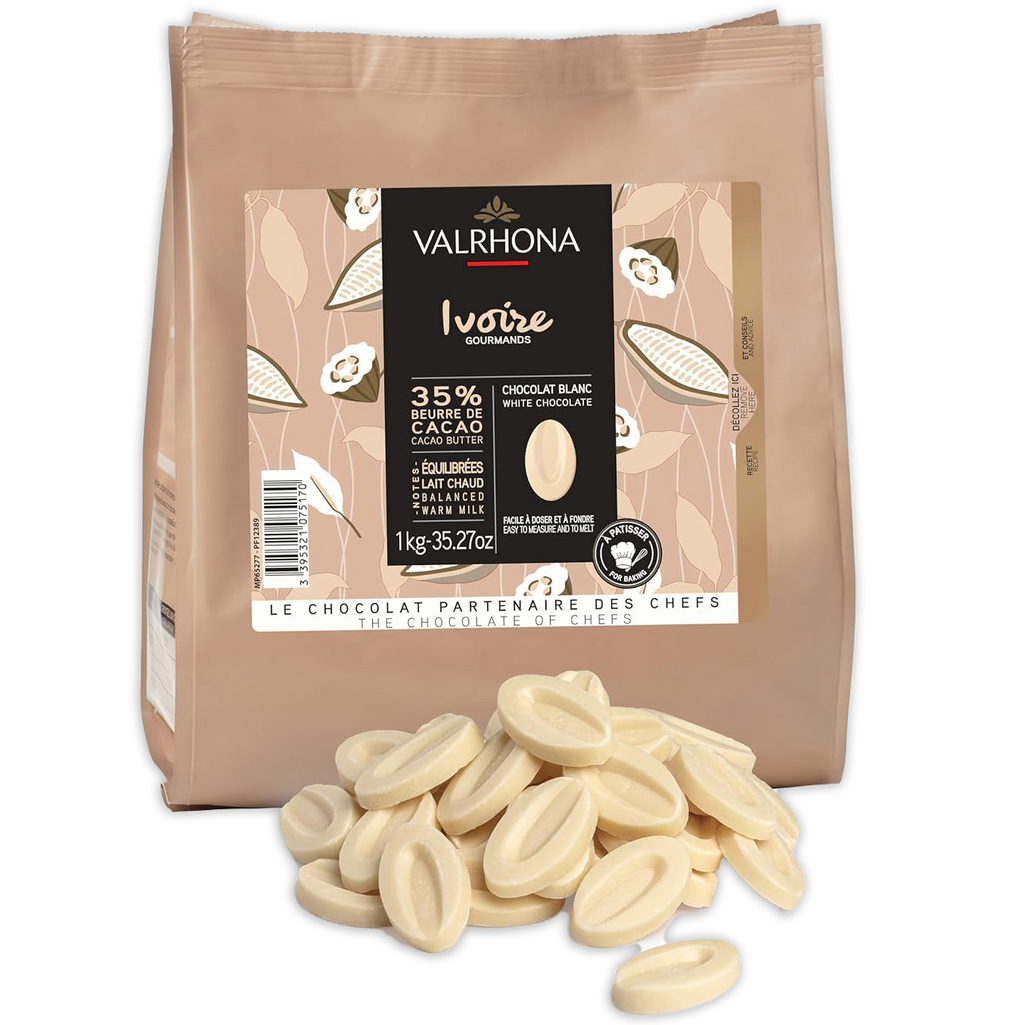Valrhona Ivoire white chocolate feves 1kg bag with beige black label