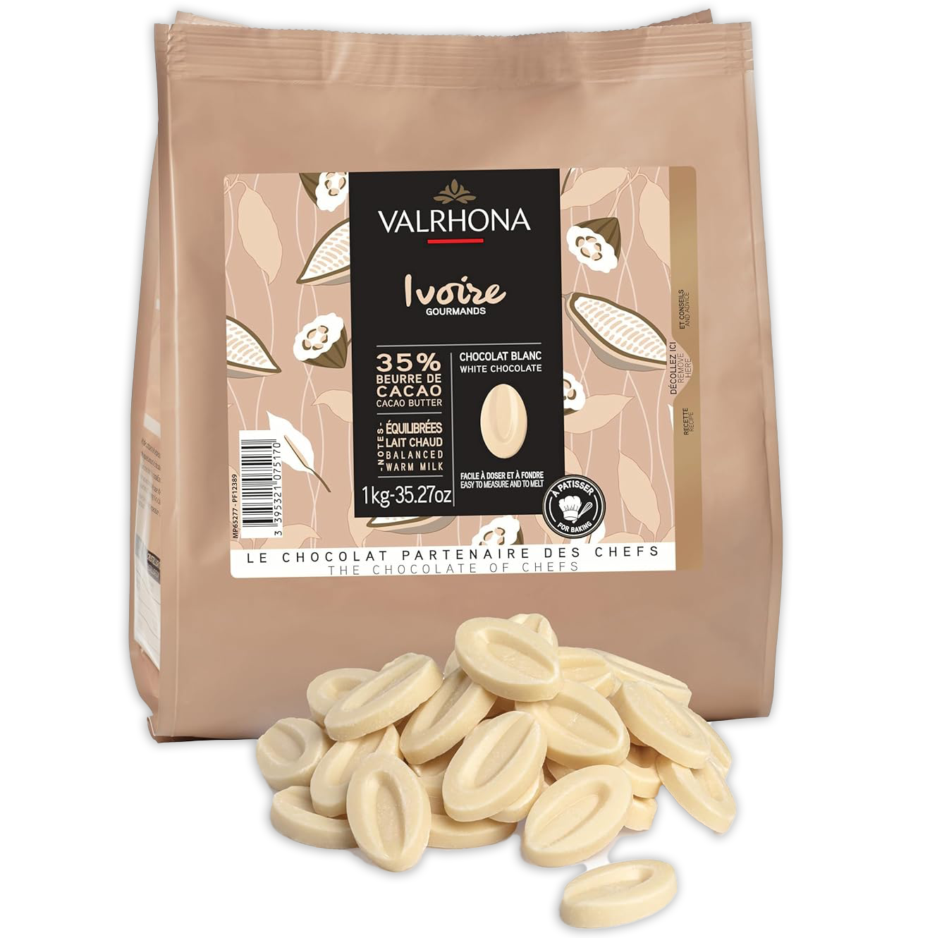 Valrhona Ivoire white chocolate feves 1kg bag with beige black label