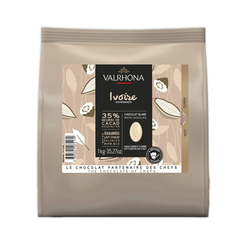 Valrhona Ivoire 35% white chocolate feves in 1kg resealable bag