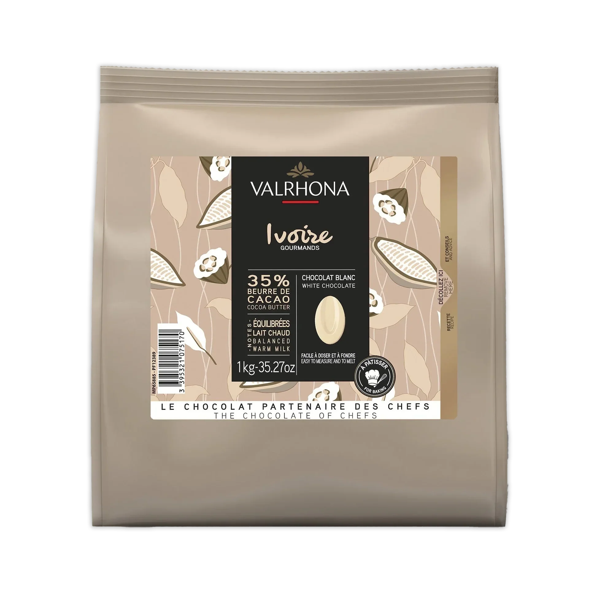Valrhona Ivoire 35% white chocolate feves in 1kg resealable bag