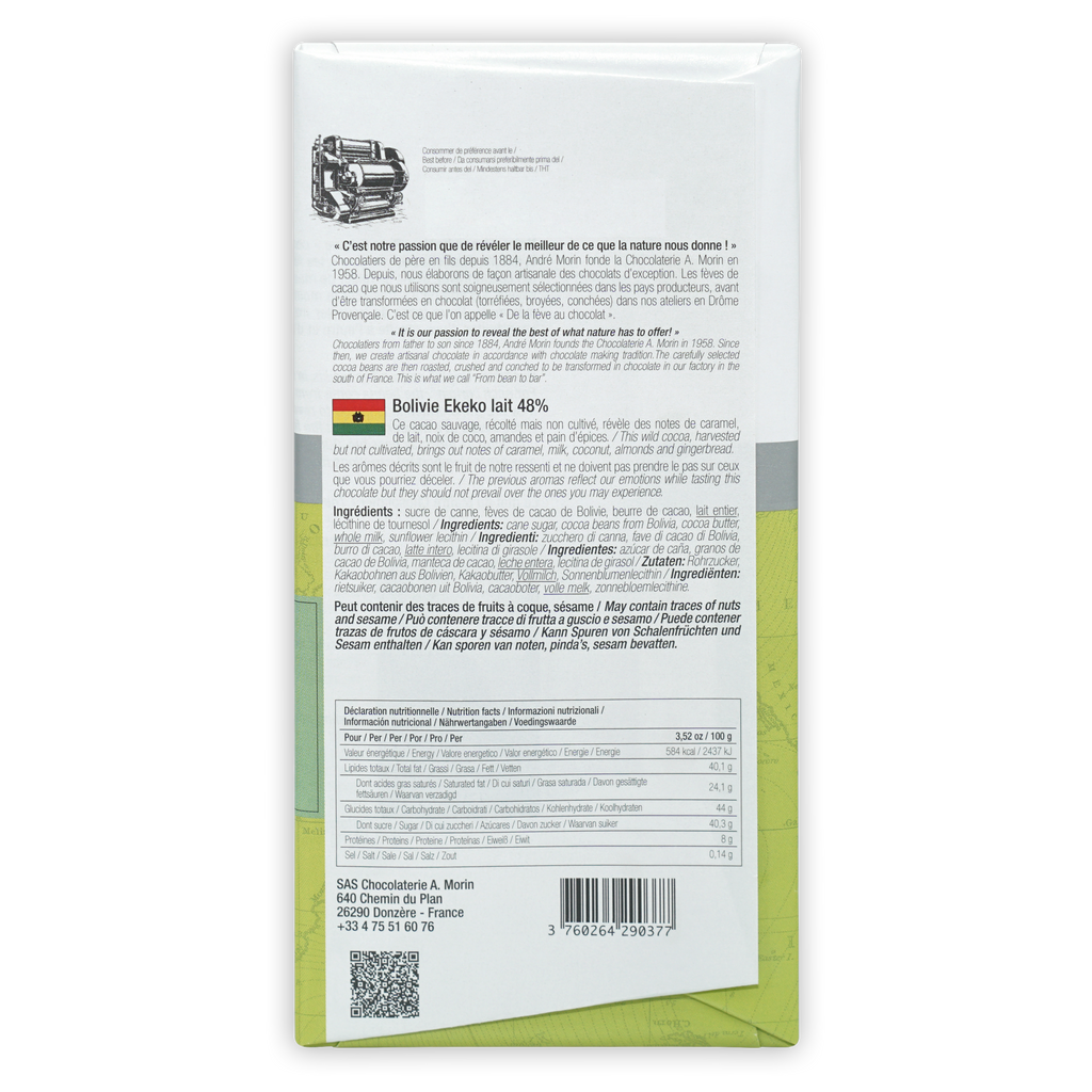 Back of A. Morin Bolivia Ekeko Milk 48% white green wrapper